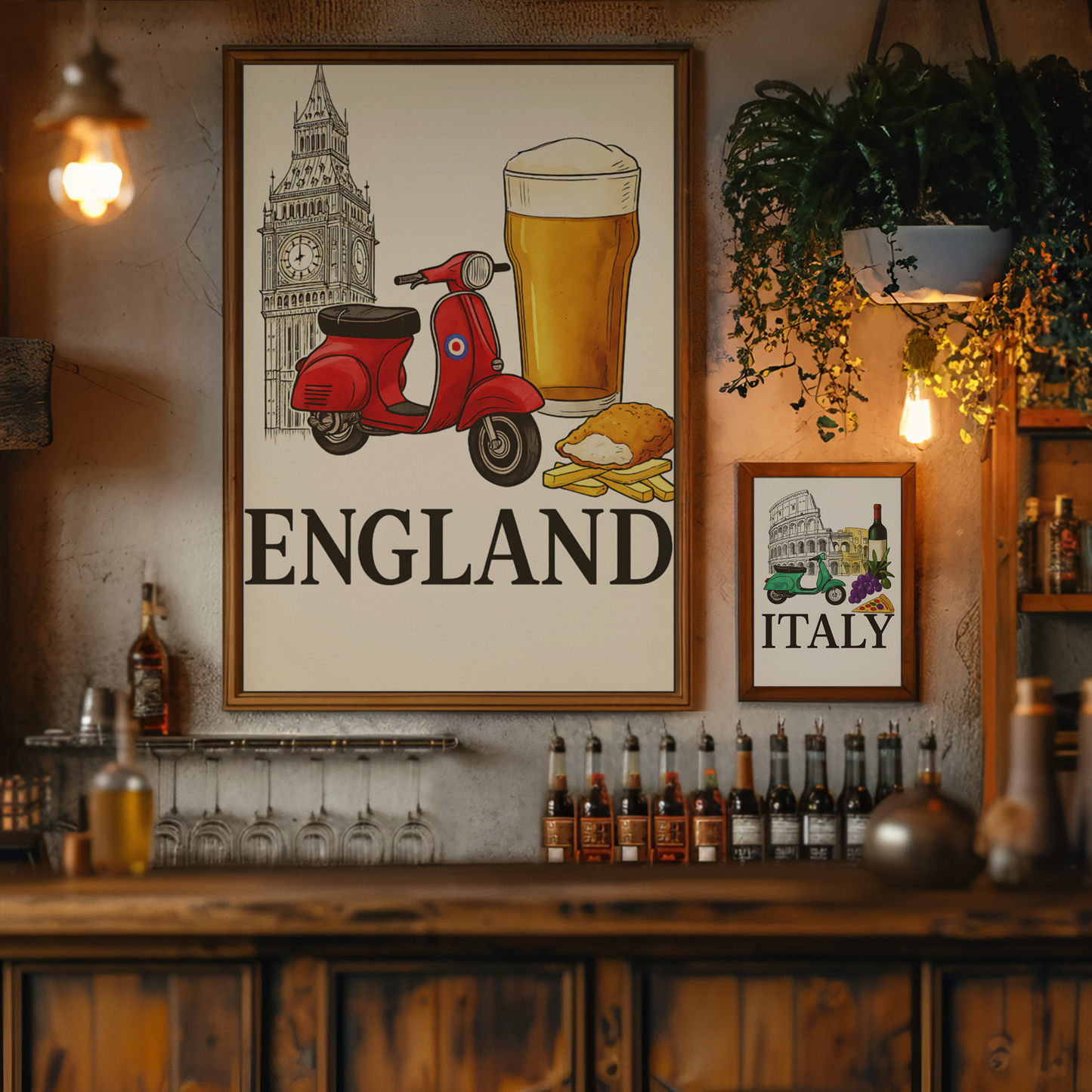 Classic England Poster - Vespa, Big Ben & Beer - British Retro Decor