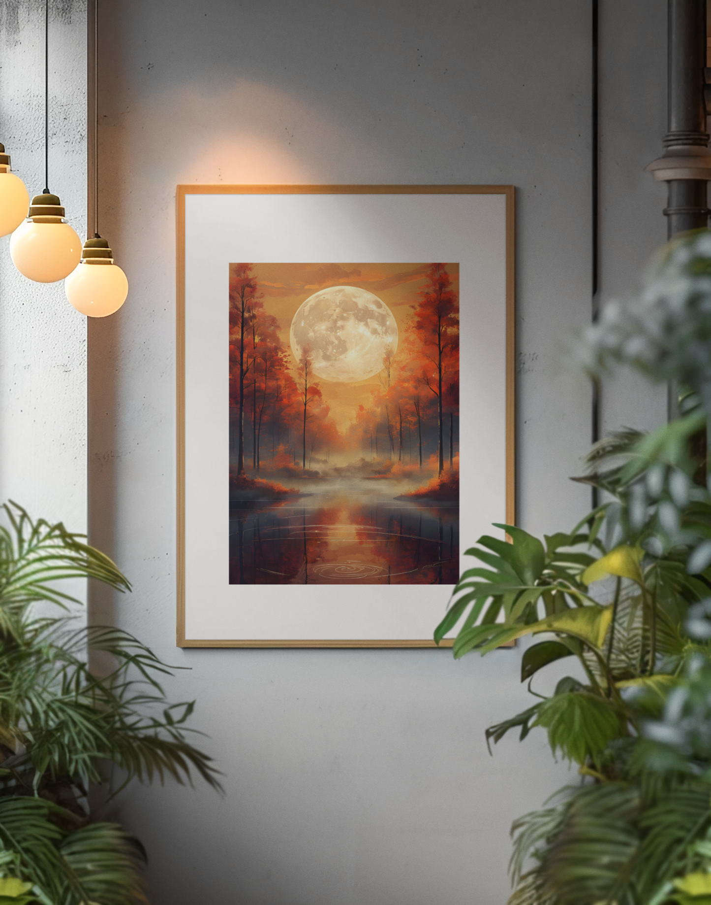 Experience the tranquility of nature with our "Serene Autumn Landscape with Luminous Full Moon" Art Poster