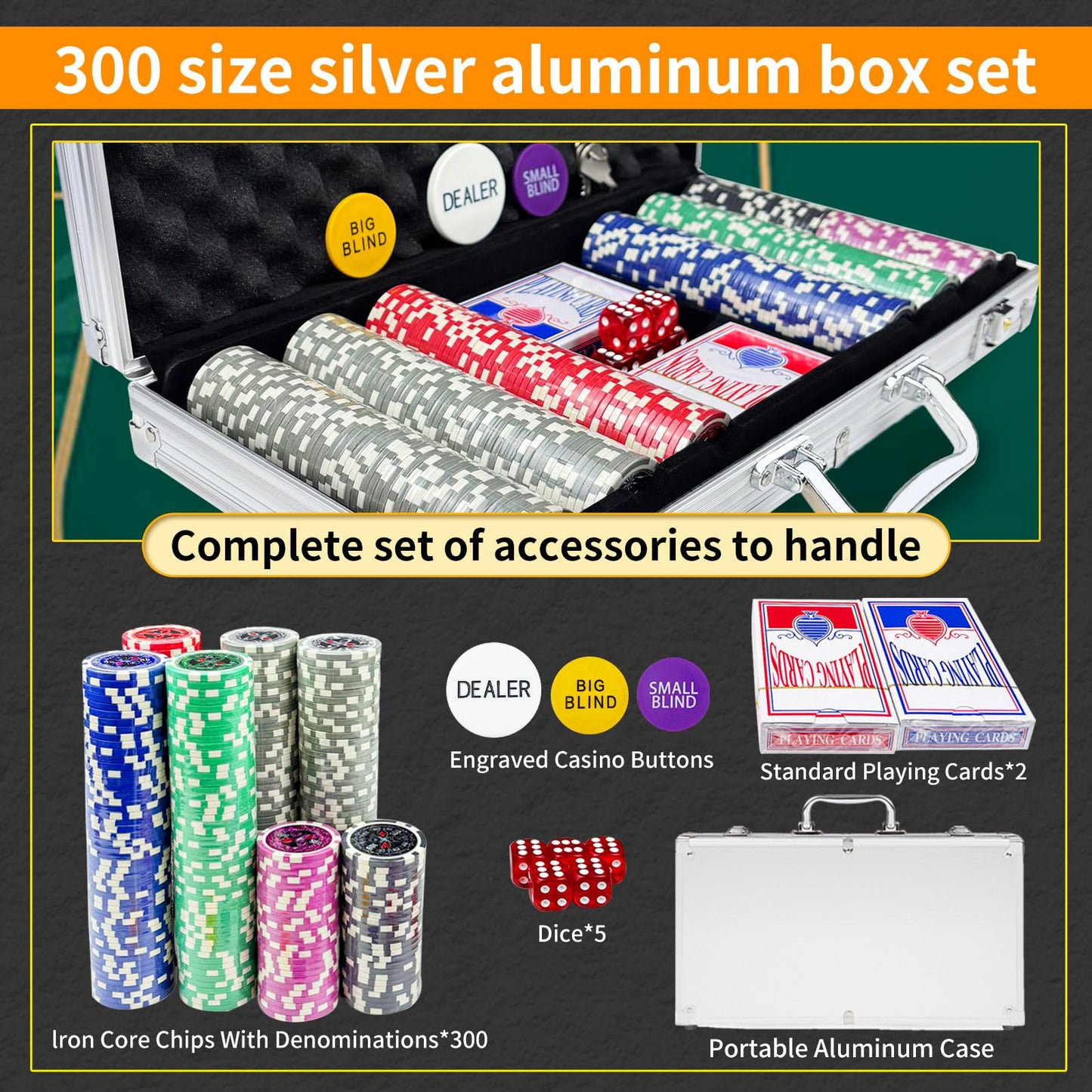 AIBETOMG Poker Chips with Numbers – 300Pcs Set in Aluminum Travel Case, 11g Casino Chips for Texas Hold'em & Blackjack