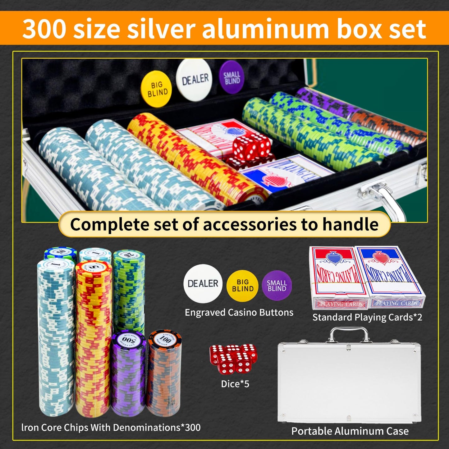 AIBETOMG Poker Chips 300 Pcs Clay Set with Aluminum Case – Texas Hold'em & Blackjack