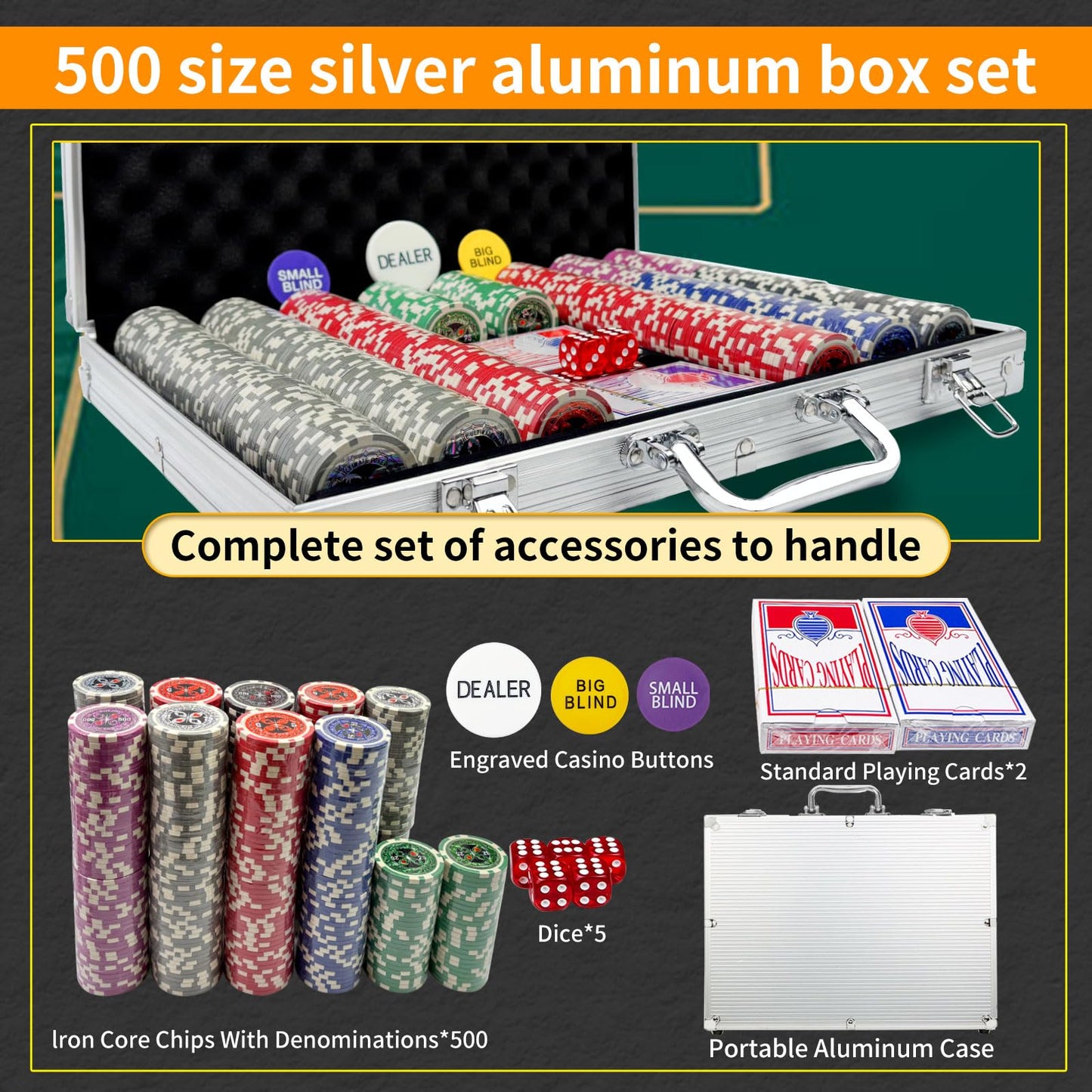 AIBETOMG Poker Chips with Numbers - 500Pcs Set in Aluminum Travel Case, 11g Casino Poker Chips for Texas Hold'em & Blackjack