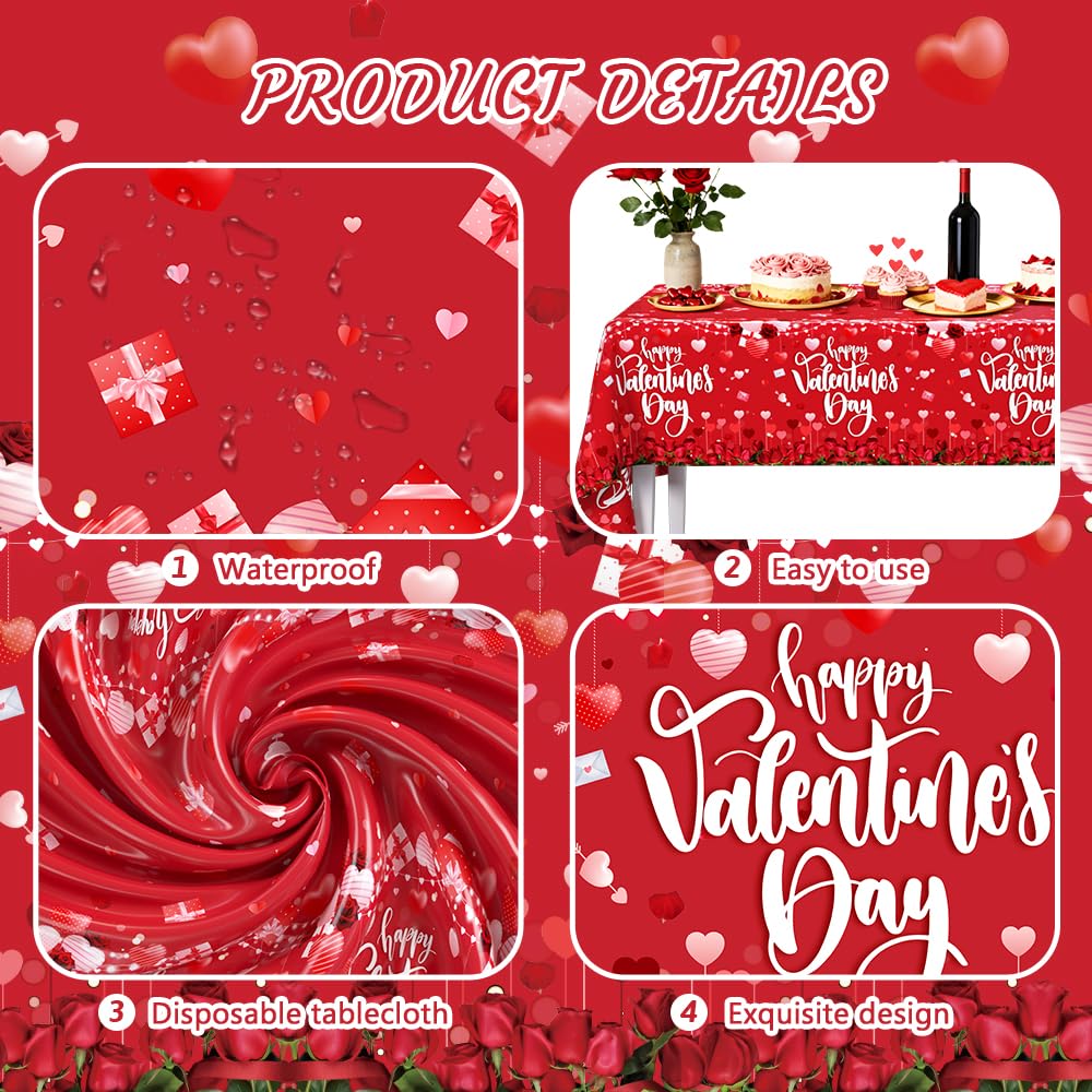 AIBIIN 3-Pack Red Valentines Tablecloths | 54 x 108 in Disposable Table Covers for Valentine's Day