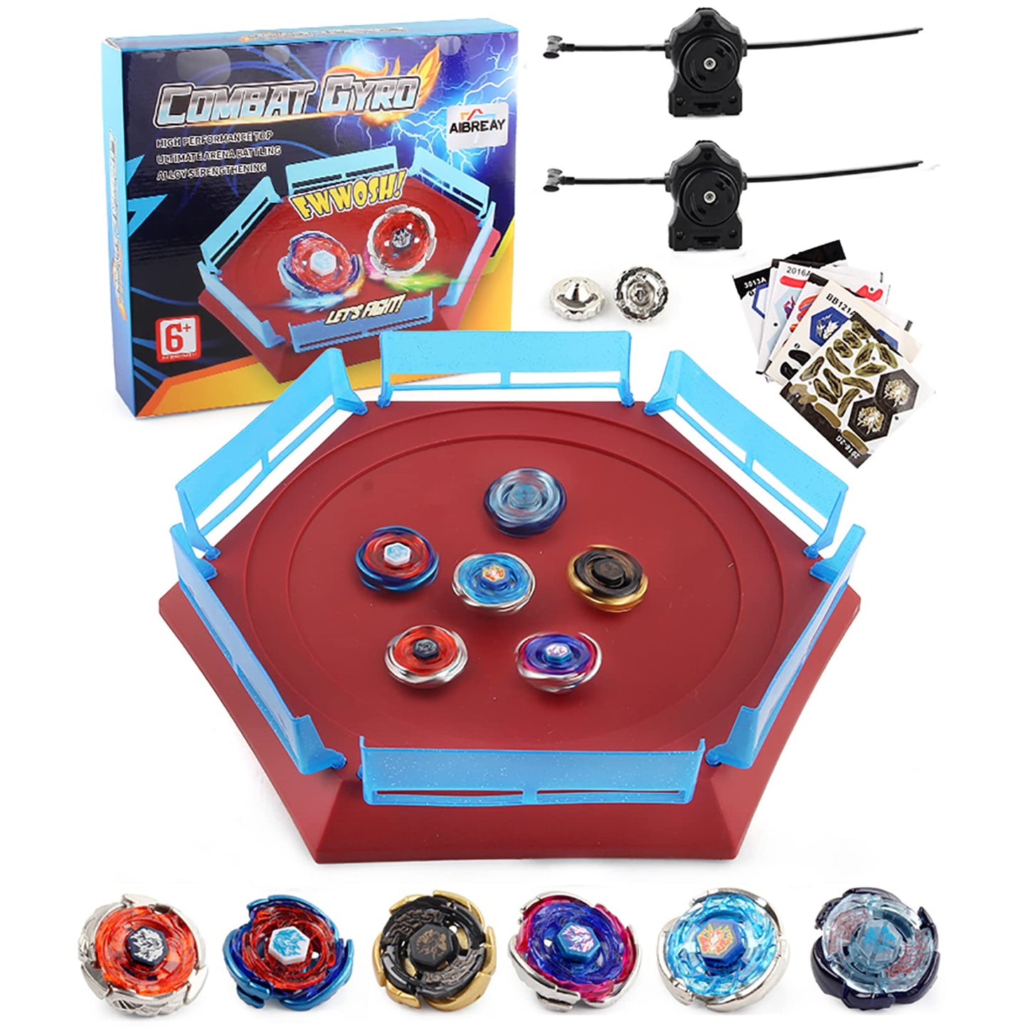 AIBREAY Battling Top Stadium Set – 6 Fusion Tops, 2 Launchers, Arena