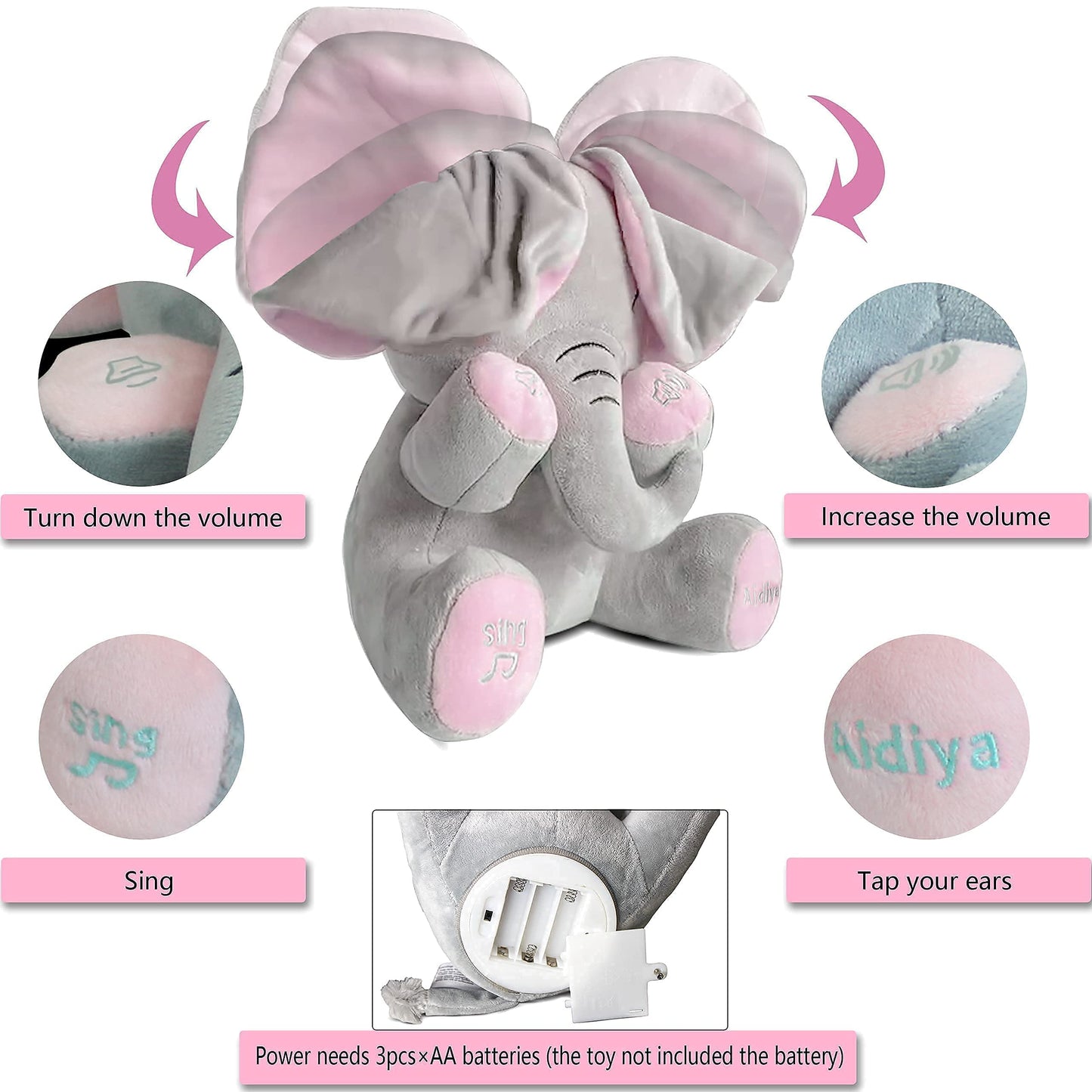 Aidiya Elephant Plush Toy – Interactive Singing Plush for Kids (11.8 in, Pink)