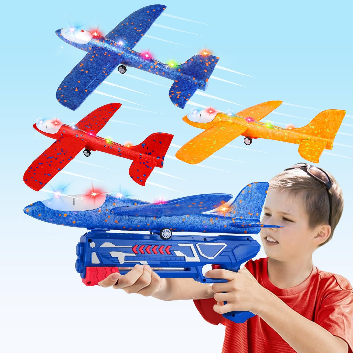 Aiencsai 3-Pack Airplane Launcher Toy – 12.6" LED Foam Gliders, 2 Flight Modes for Outdoor Kids