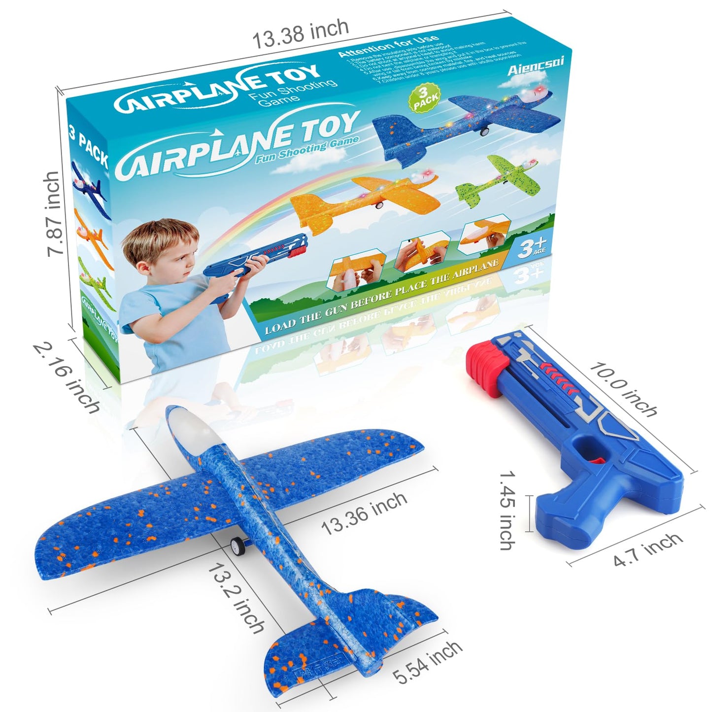 Aiencsai 3-Pack Airplane Launcher Toy – 12.6" LED Foam Gliders, 2 Flight Modes for Outdoor Kids