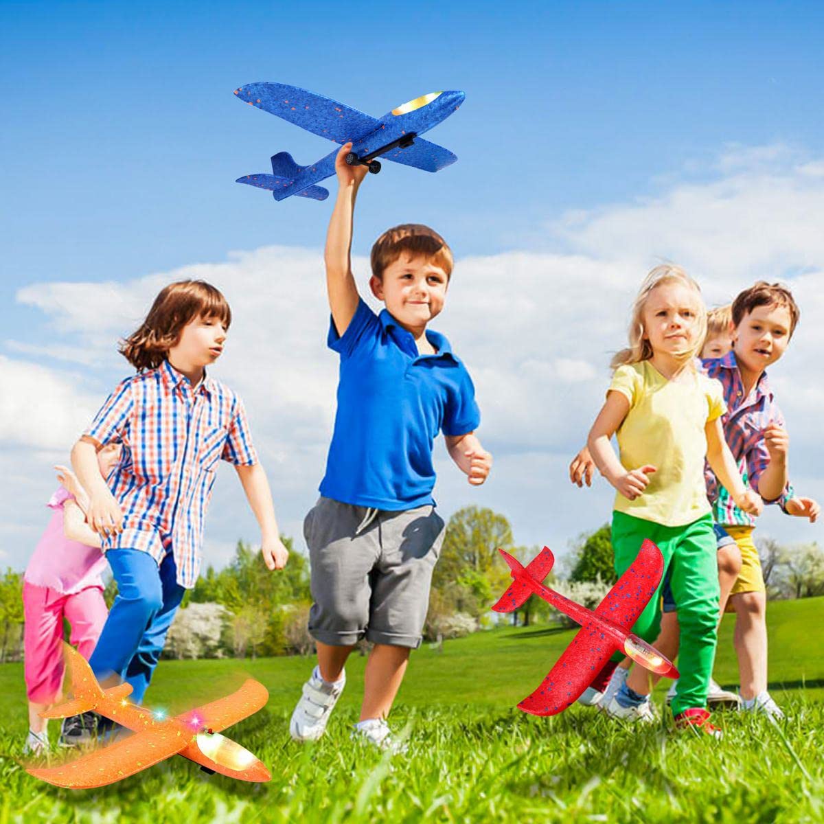 Aiencsai 3-Pack Airplane Launcher Toy – 12.6" LED Foam Gliders, 2 Flight Modes for Outdoor Kids