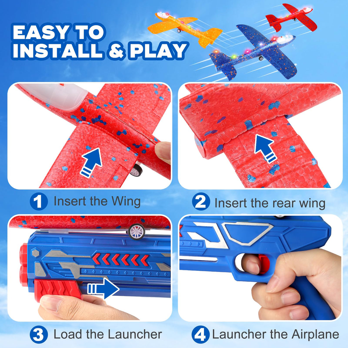 Aiencsai 3-Pack Airplane Launcher Toy – 12.6" LED Foam Gliders, 2 Flight Modes for Outdoor Kids