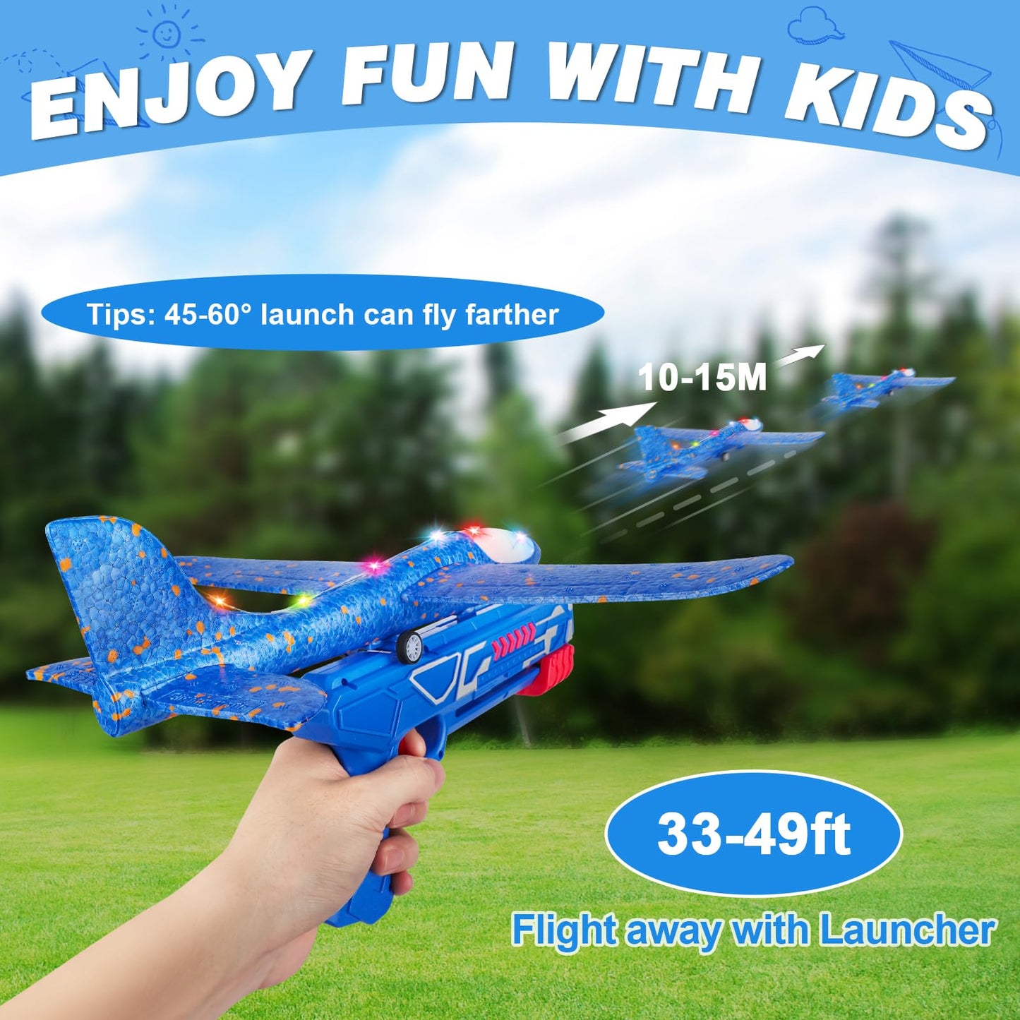 Aiencsai 3-Pack Airplane Launcher Toy – 12.6" LED Foam Gliders, 2 Flight Modes for Outdoor Kids