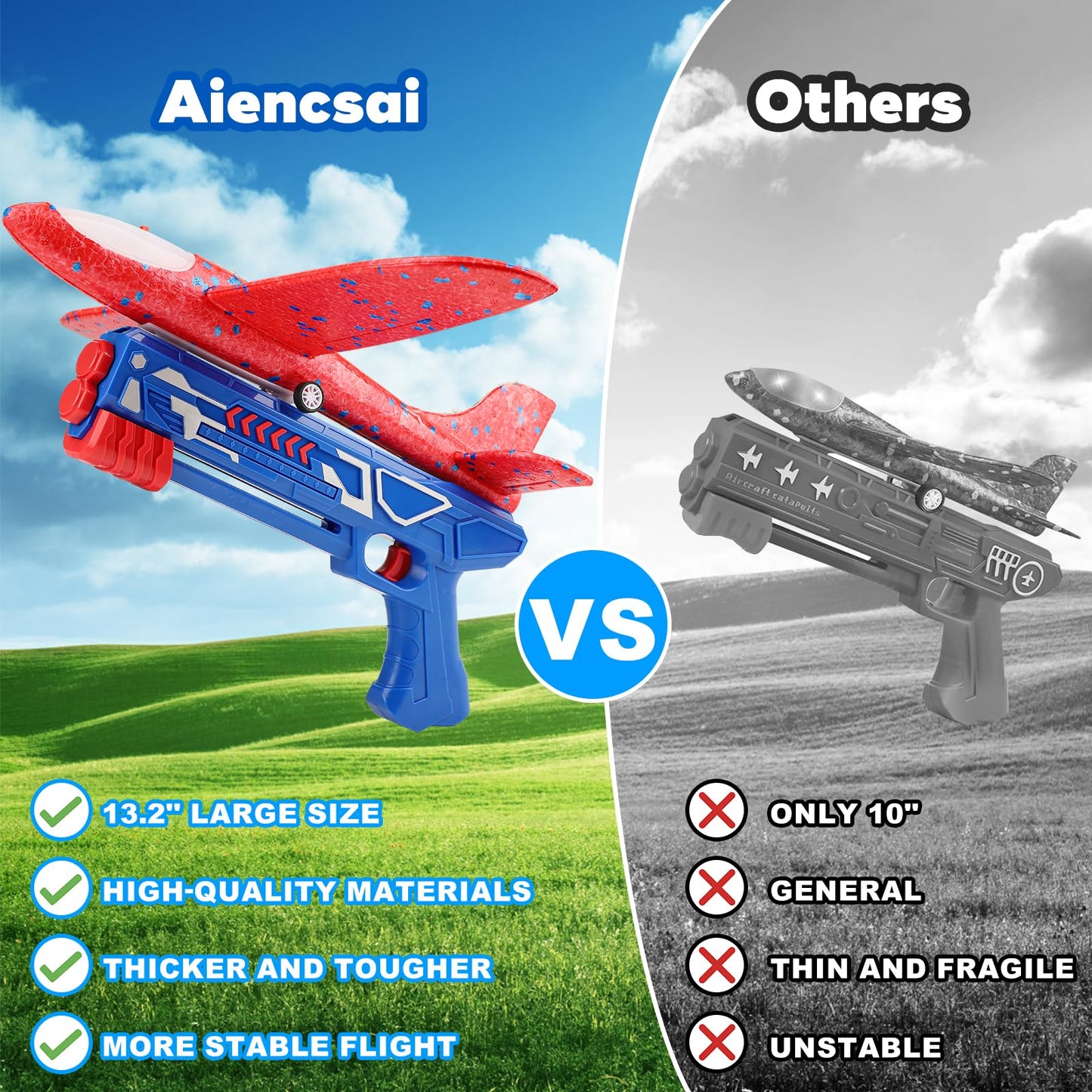 Aiencsai 3-Pack Airplane Launcher Toy – 12.6" LED Foam Gliders, 2 Flight Modes for Outdoor Kids