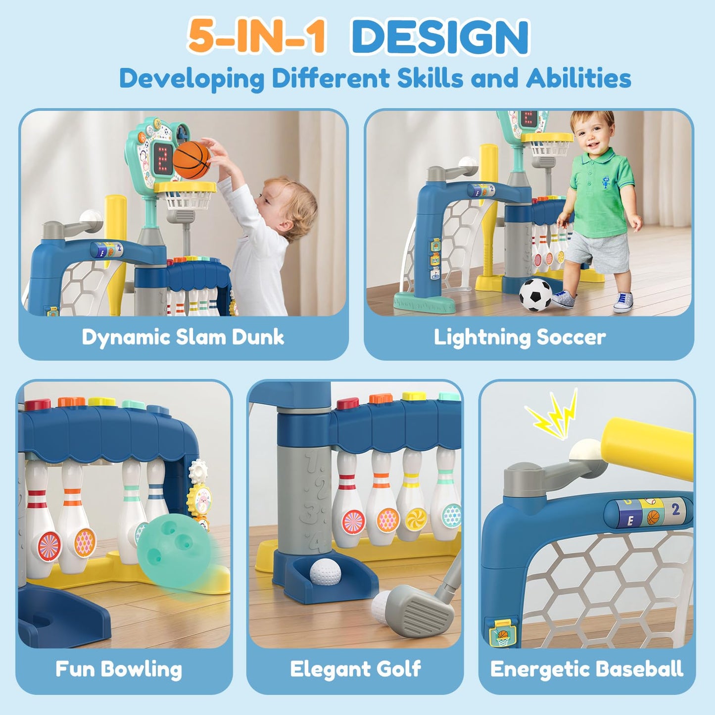 AIGIMU 5-in-1 Toddler Sports Toys | Adjustable 1-3 Year Old Activity Center