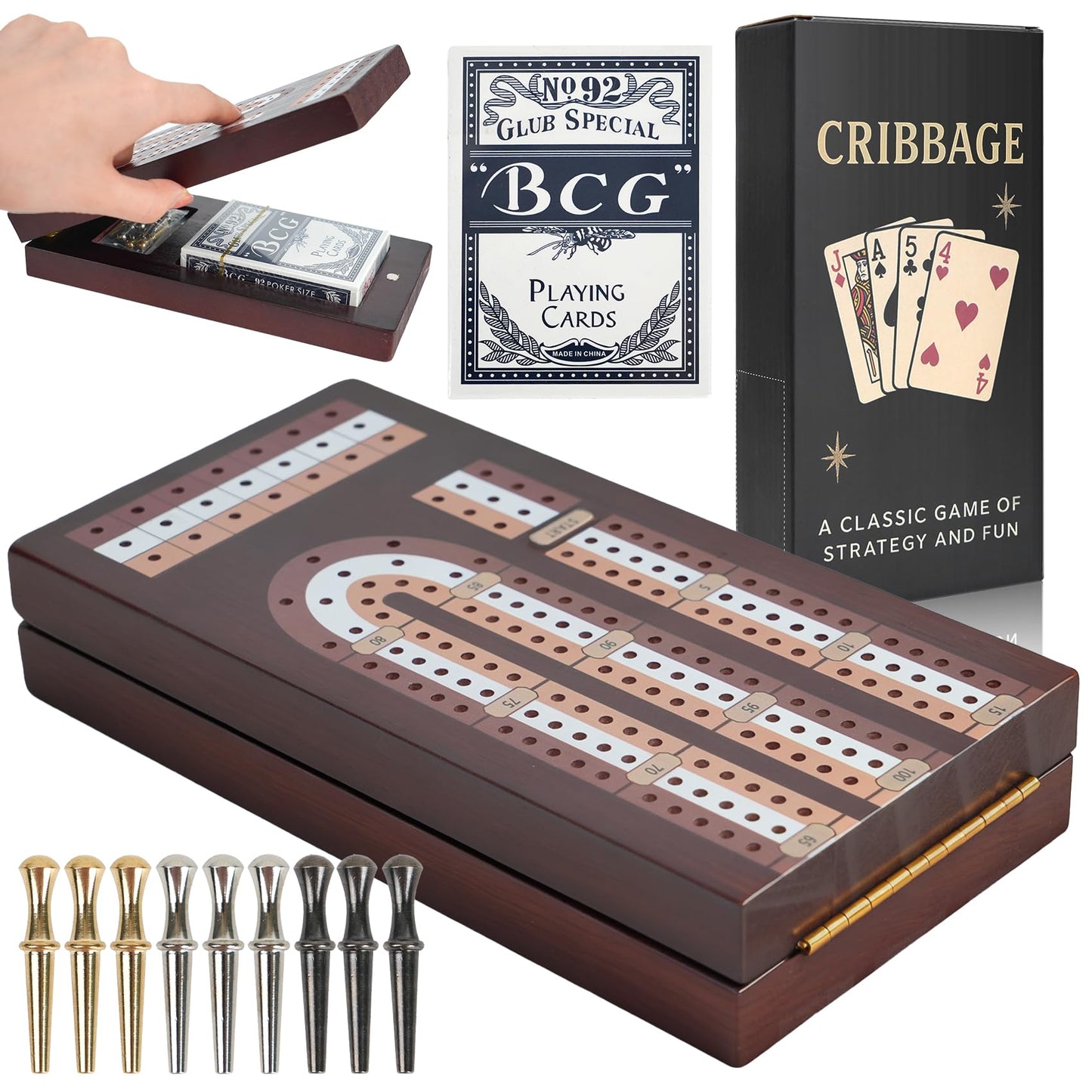 Aigomc Cribbage Board Game Set – 3-Track Foldable Travel Board with Magnetic Lock & Built-in Storage