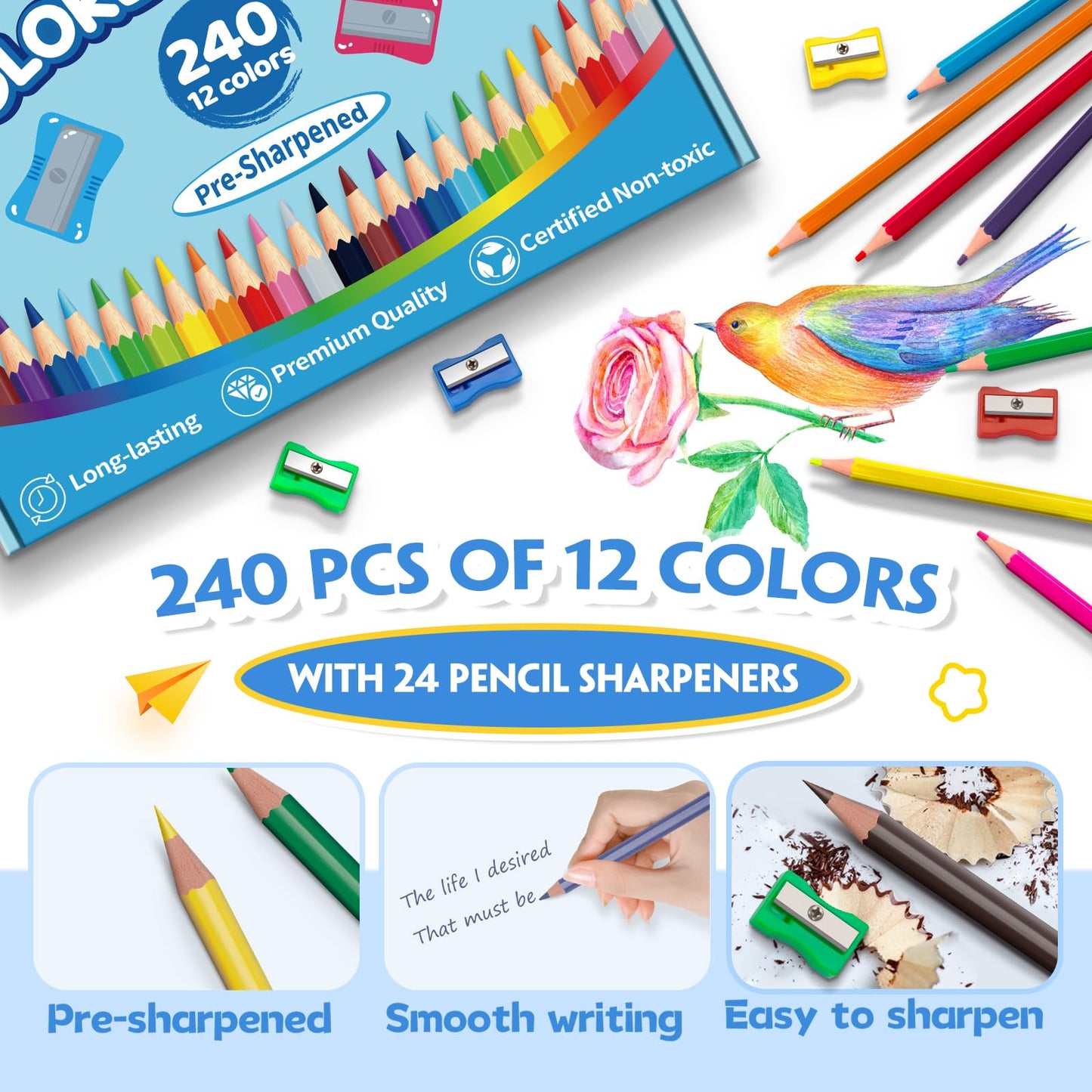 Aigybobo 240-Count Colored Pencils Bulk Set — 12 Vibrant Colors + 24 Sharpeners