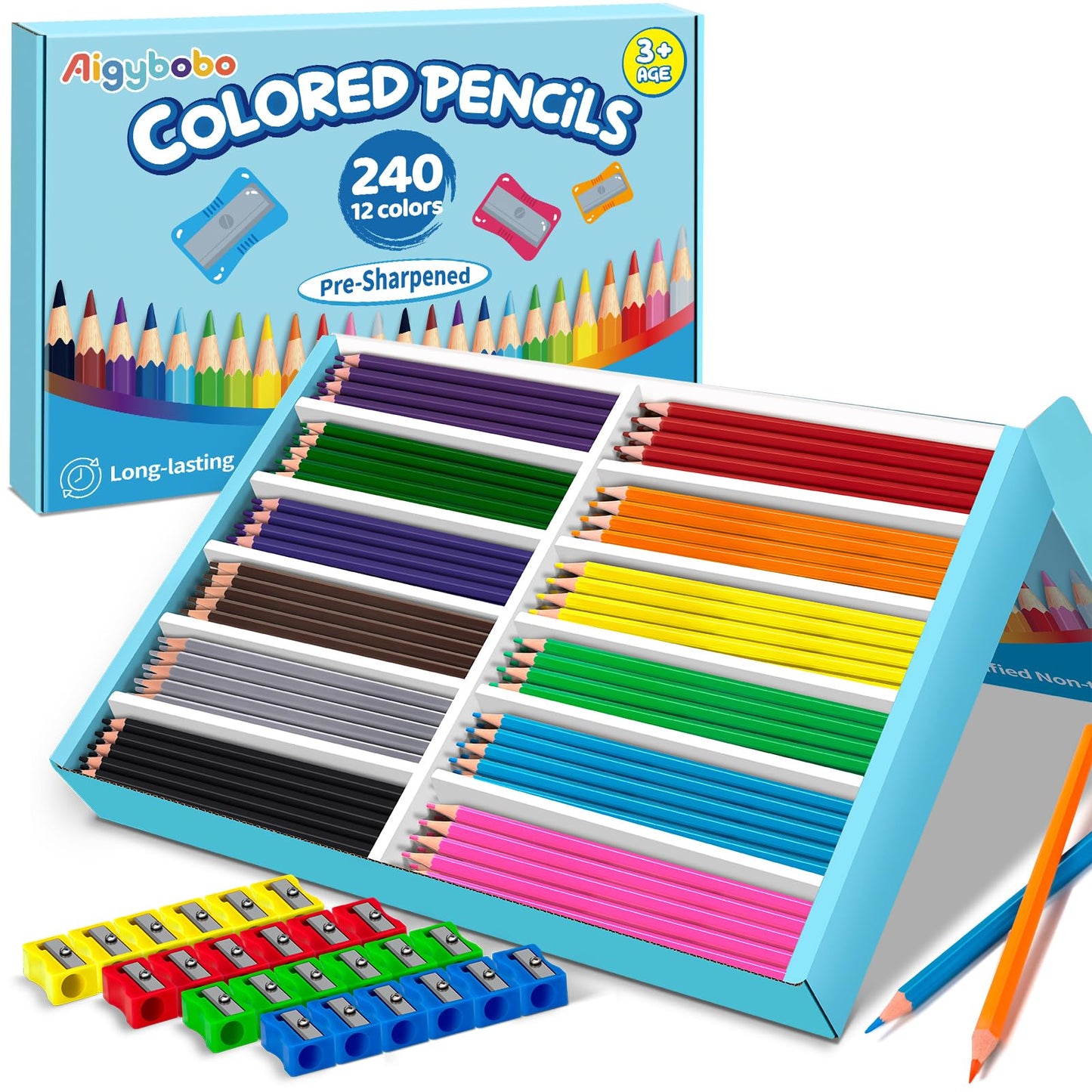 Aigybobo 240-Count Colored Pencils Bulk Set — 12 Vibrant Colors + 24 Sharpeners