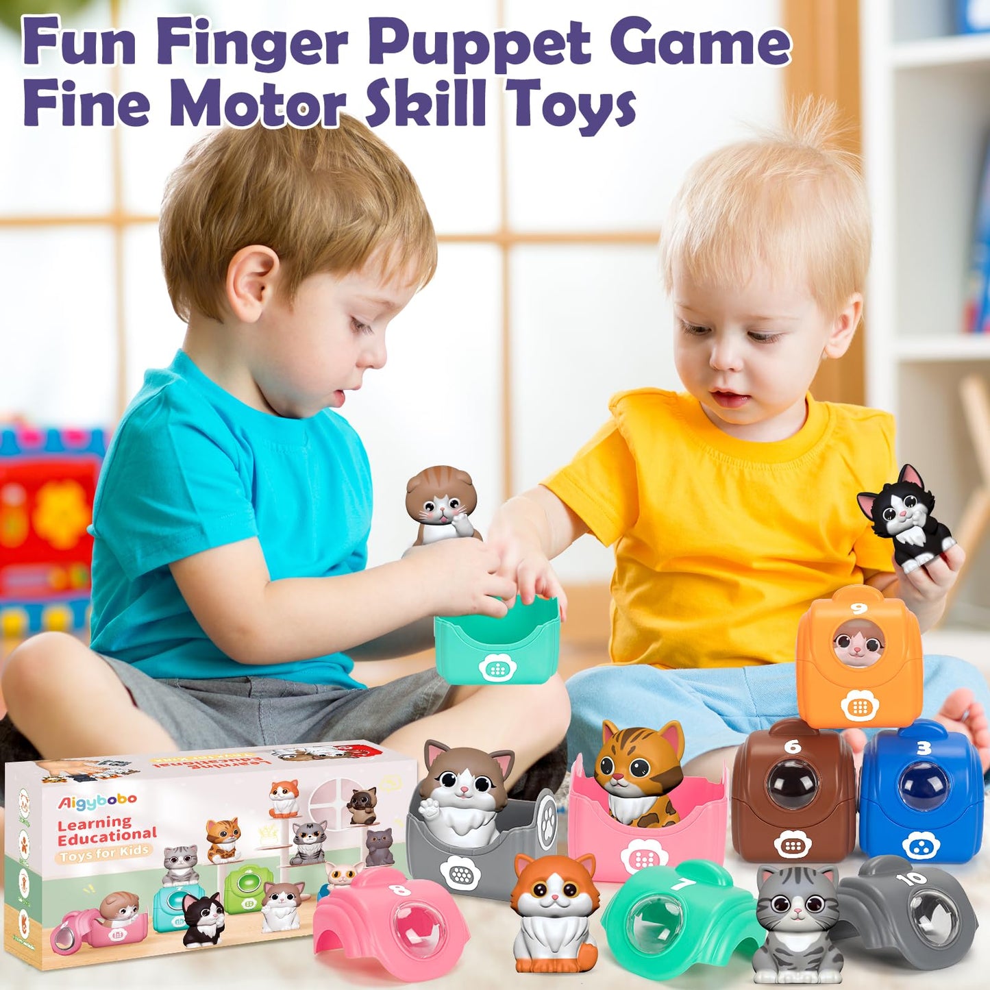 Aigybobo Learning Toys for Toddlers 1-3 | 20-Piece Cat Puppet Kit for Counting & Sorting