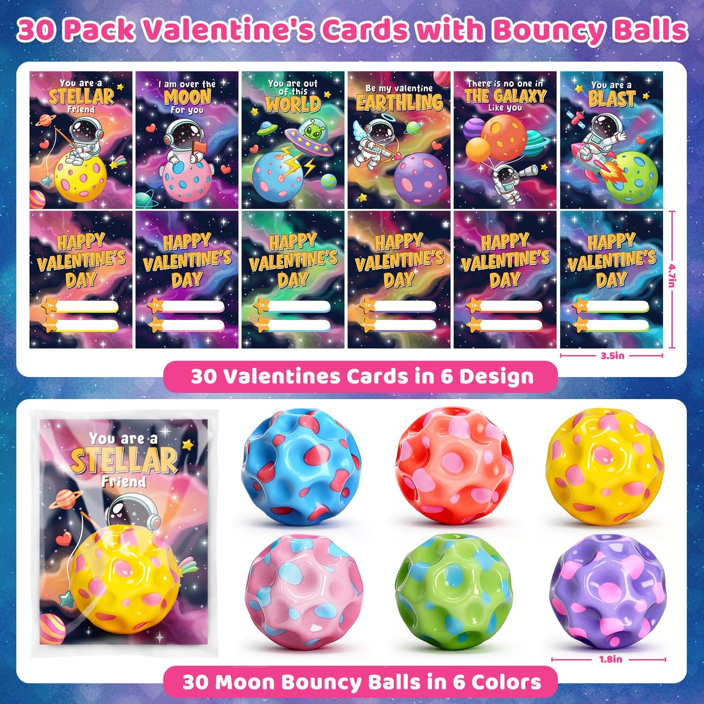 Aigybobo 30-Pack Valentines Day Cards & Moon Bouncy Balls for Kids – Classroom Party Favors