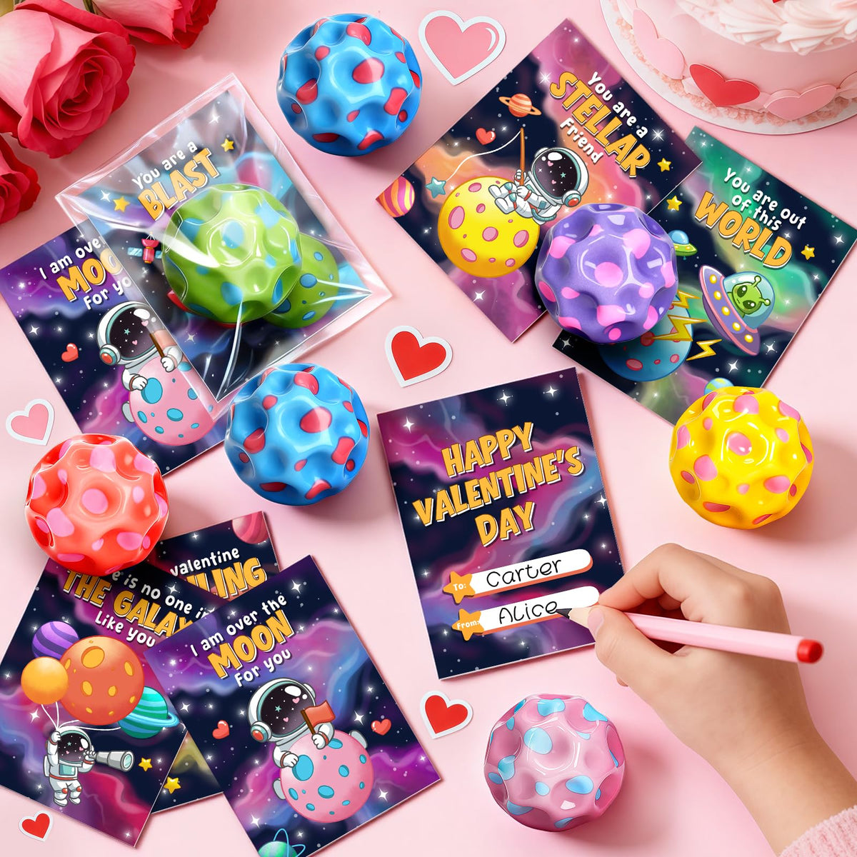 Aigybobo 30-Pack Valentines Day Cards & Moon Bouncy Balls for Kids – Classroom Party Favors