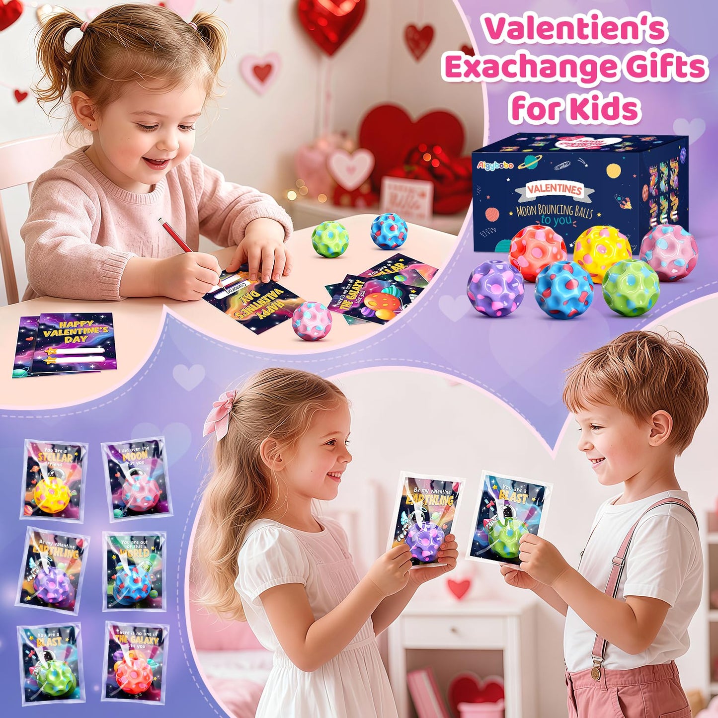 Aigybobo 30-Pack Valentines Day Cards & Moon Bouncy Balls for Kids – Classroom Party Favors