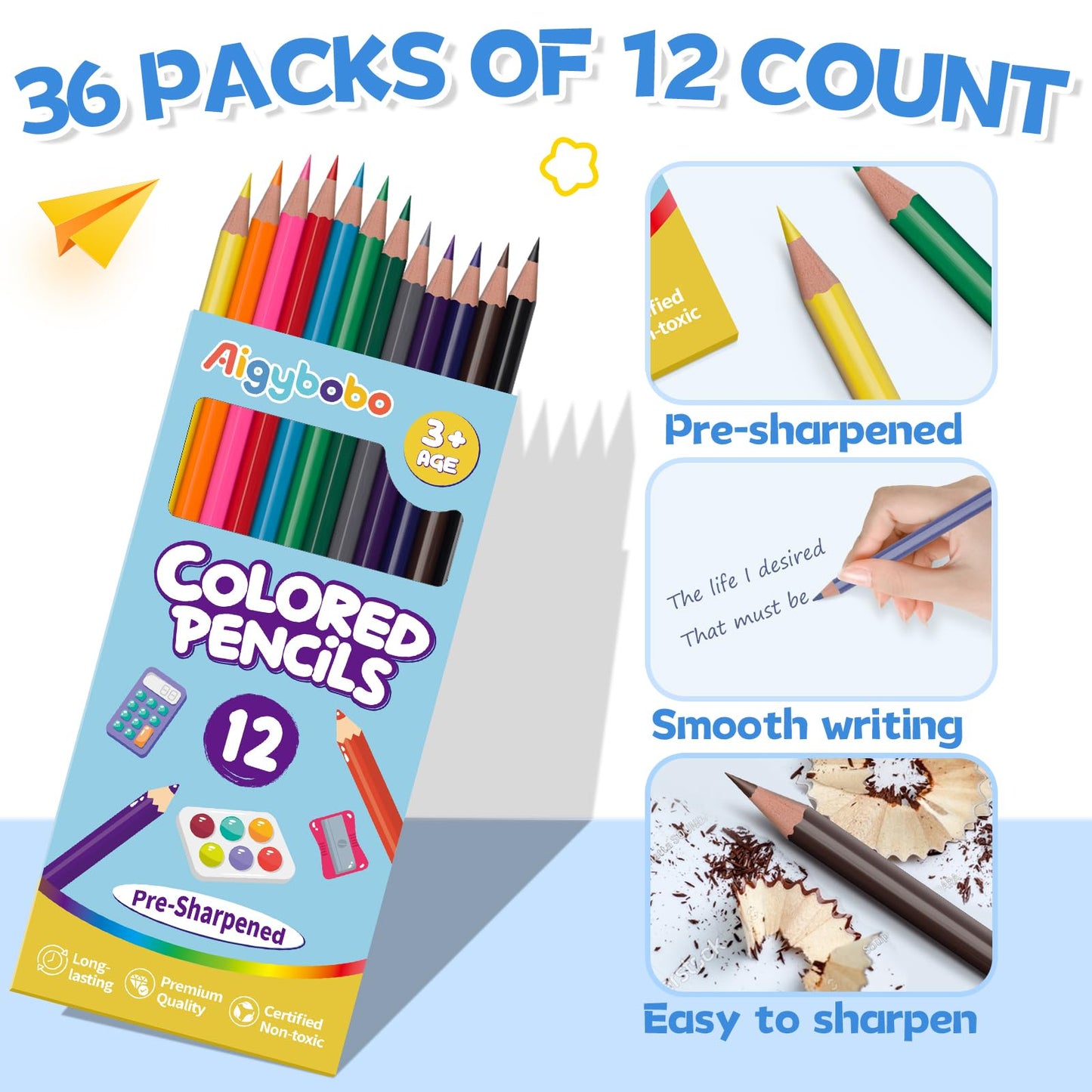 Aigybobo 432-Count Colored Pencils Bulk - 36 Packs, Pre-Sharpened, Non-Toxic Classroom Supplies