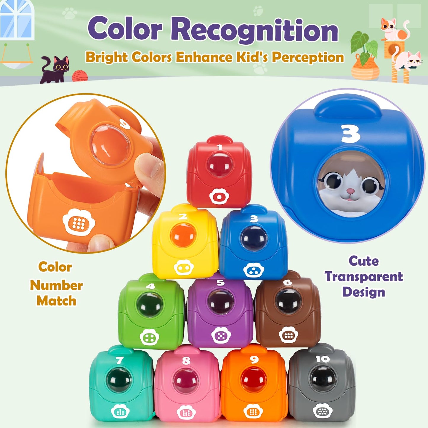 Aigybobo Learning Toys for Toddlers 1-3 | 20-Piece Cat Puppet Kit for Counting & Sorting