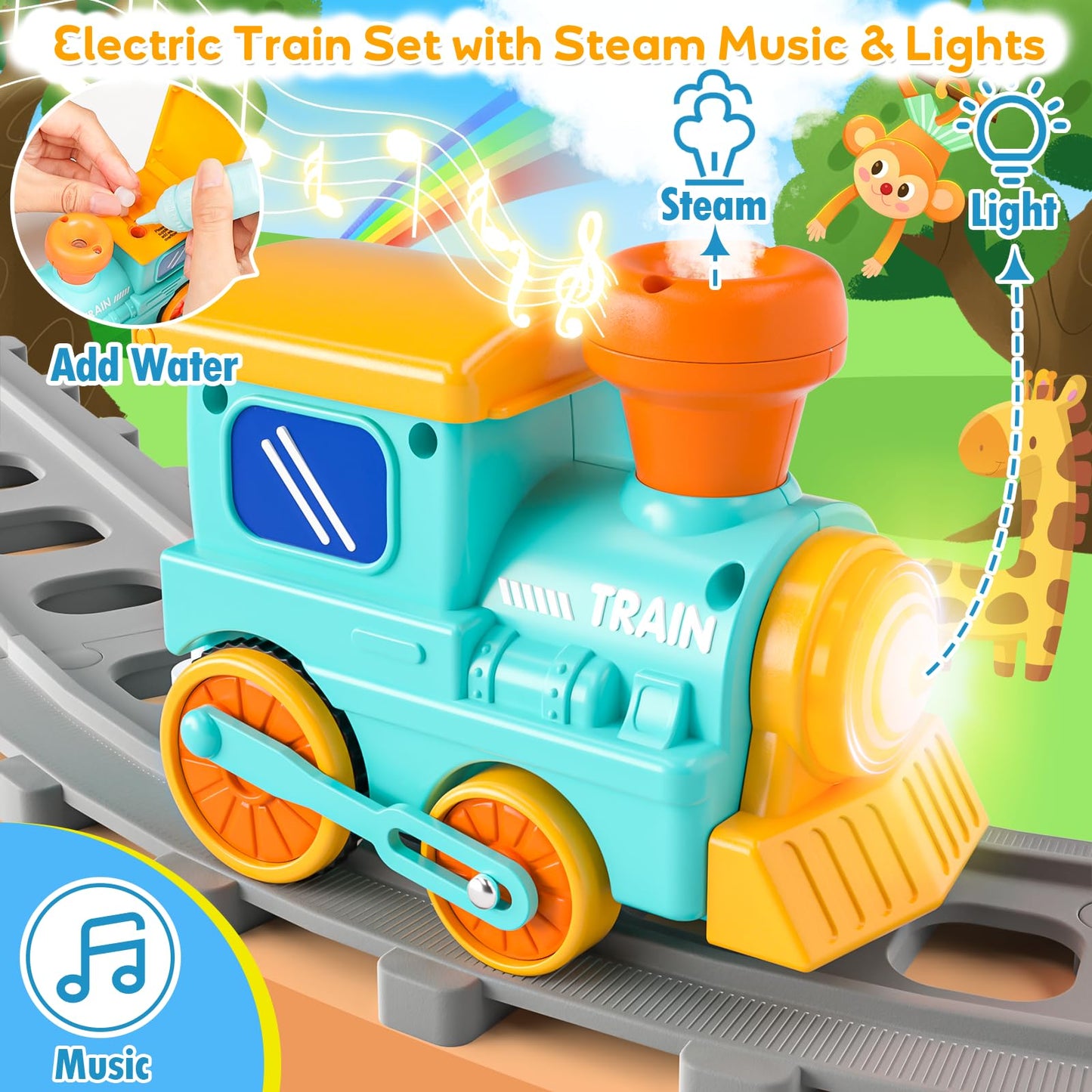 Aigybobo Toddler Train Set – Electric Zoo Animals with Music, Lights & Steam