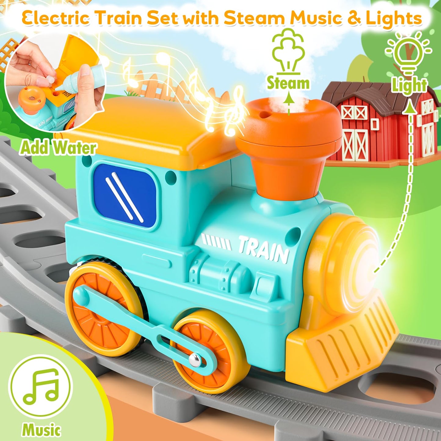 Aigybobo Electric Farm Train Set for Toddlers 18M+ – Music, Lights & Steam with Montessori Learning