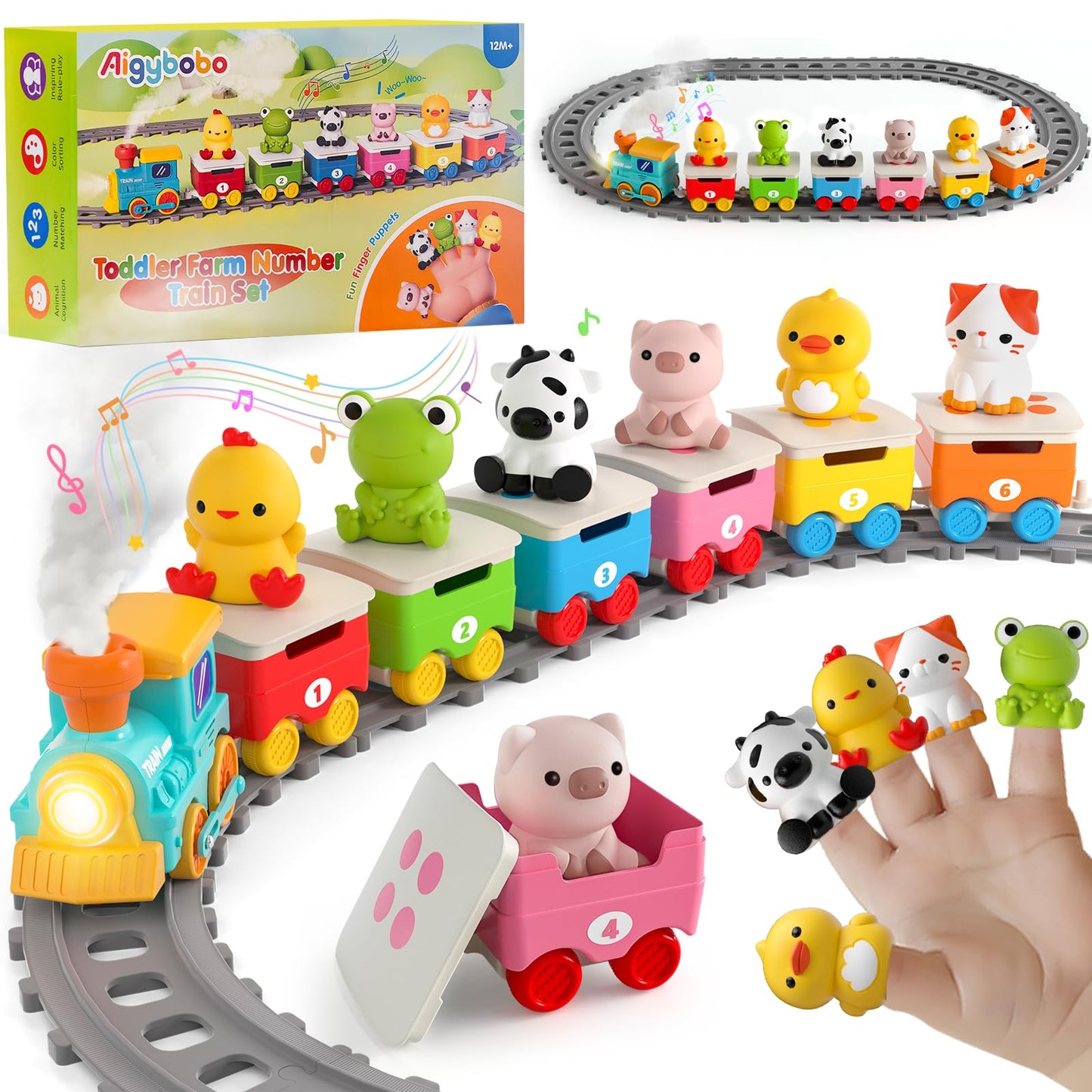 Aigybobo Electric Farm Train Set for Toddlers 18M+ – Music, Lights & Steam with Montessori Learning