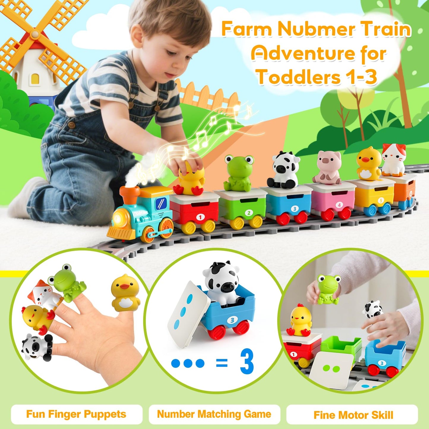 Aigybobo Electric Farm Train Set for Toddlers 18M+ – Music, Lights & Steam with Montessori Learning