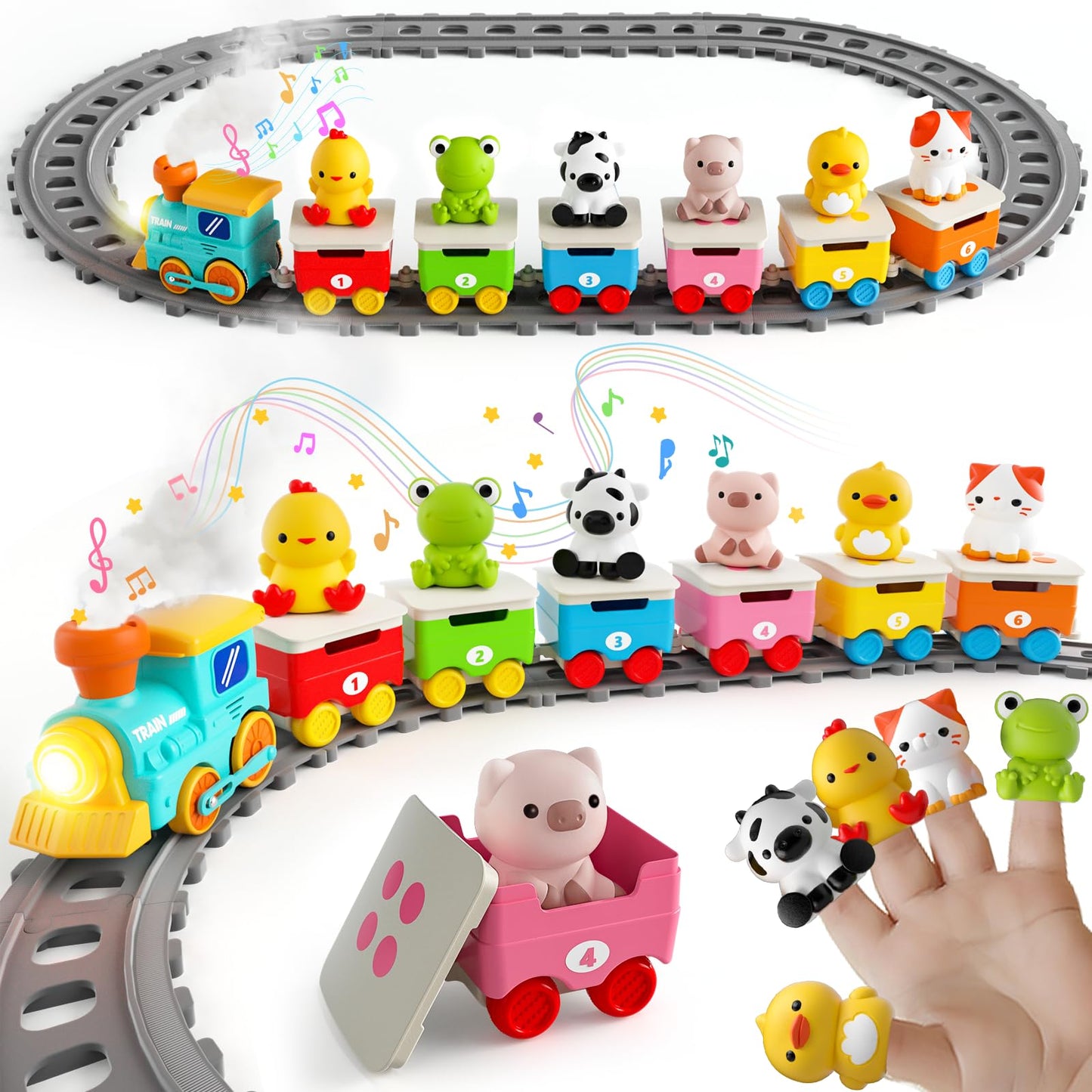 Aigybobo Electric Farm Train Set for Toddlers 18M+ – Music, Lights & Steam with Montessori Learning