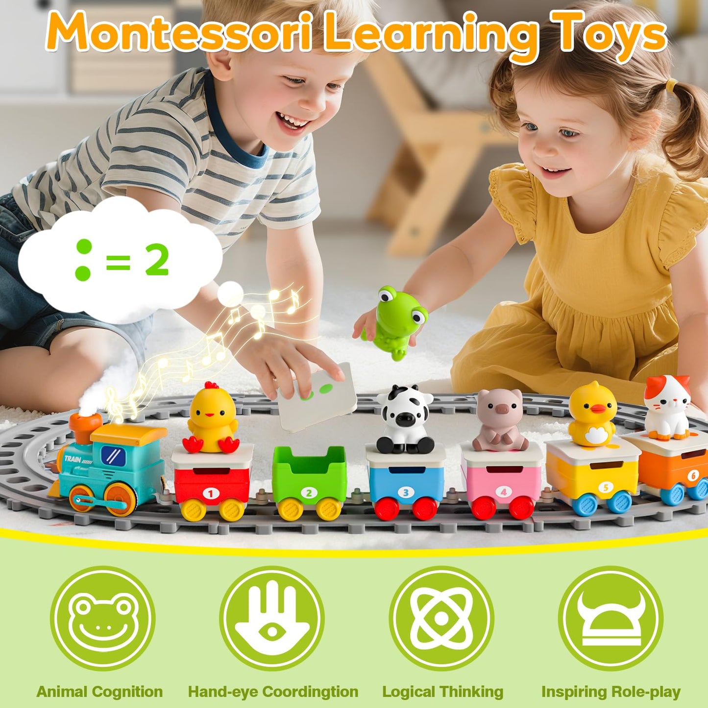 Aigybobo Electric Farm Train Set for Toddlers 18M+ – Music, Lights & Steam with Montessori Learning