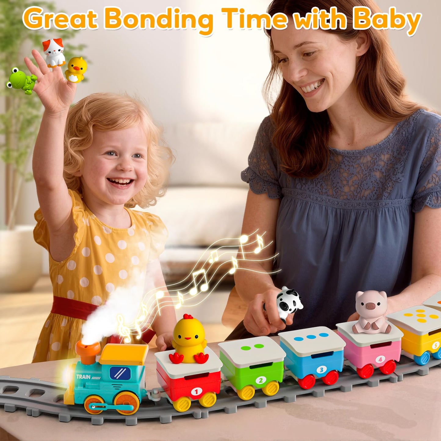 Aigybobo Electric Farm Train Set for Toddlers 18M+ – Music, Lights & Steam with Montessori Learning