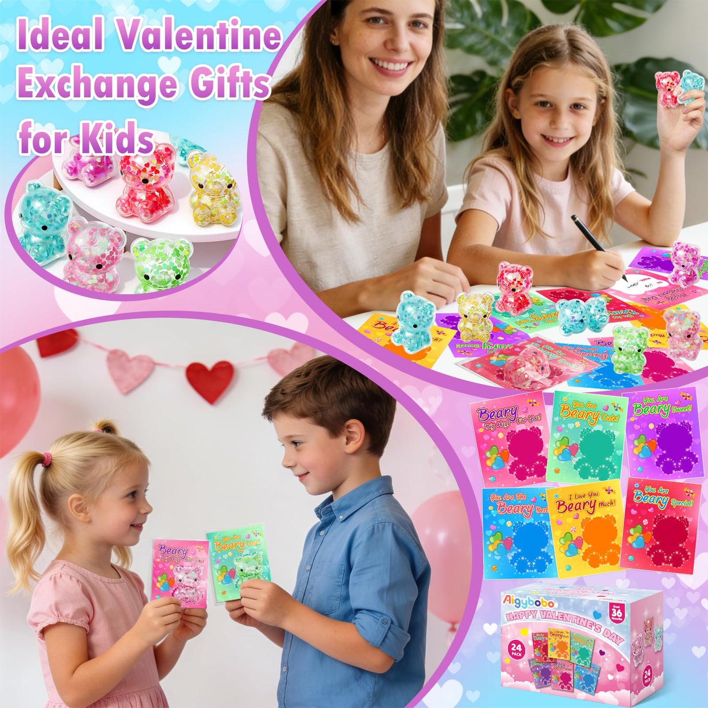 Aigybobo 24-Pack Valentines Cards with Glitter Bears – Classroom Gift Exchange & Party Favors