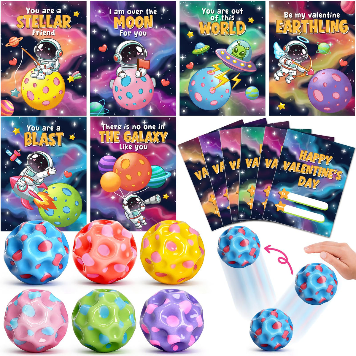 Aigybobo 30-Pack Valentines Day Cards & Moon Bouncy Balls for Kids – Classroom Party Favors