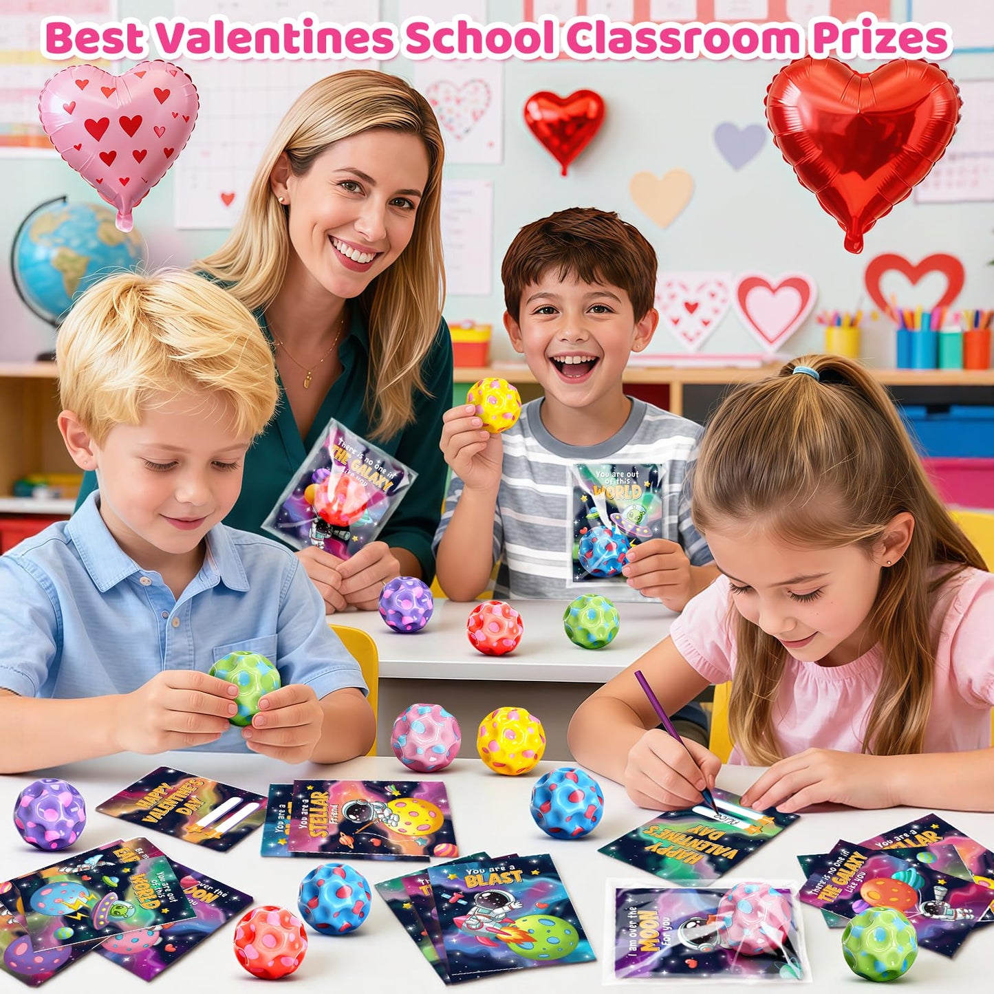 Aigybobo 30-Pack Valentines Day Cards & Moon Bouncy Balls for Kids – Classroom Party Favors
