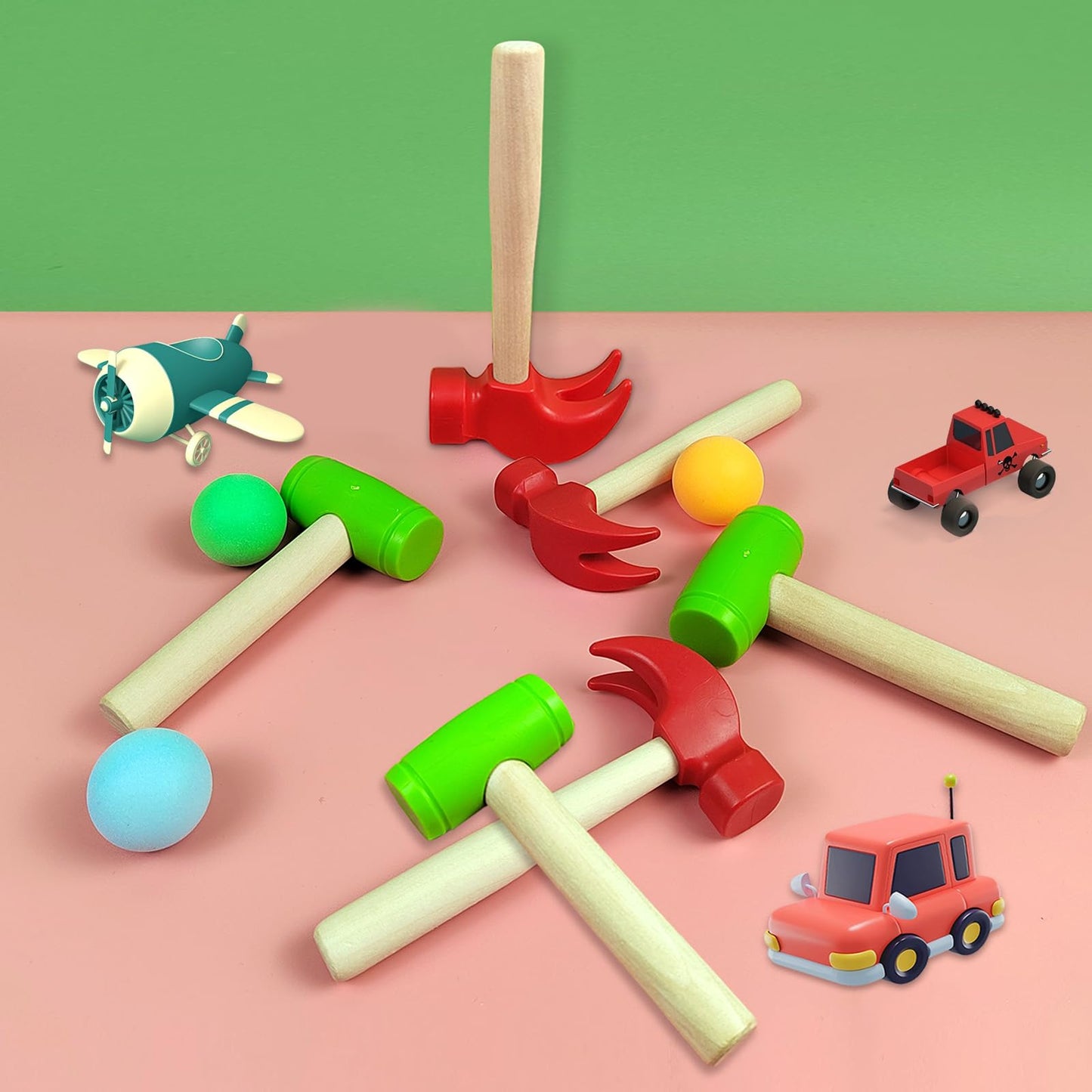 AIHSUMC Kids Wooden Hammer Toy Set – 10 Hammers + 100 Colorful Bamboo Tees | Educational & Safe Play