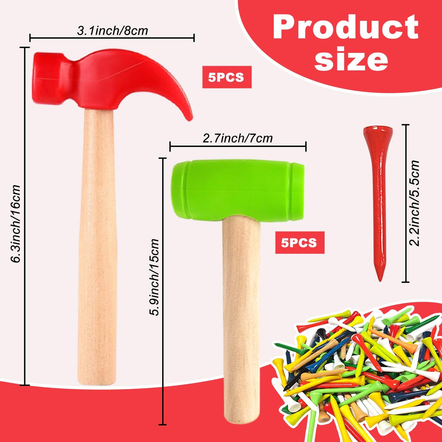 AIHSUMC Kids Wooden Hammer Toy Set – 10 Hammers + 100 Colorful Bamboo Tees | Educational & Safe Play
