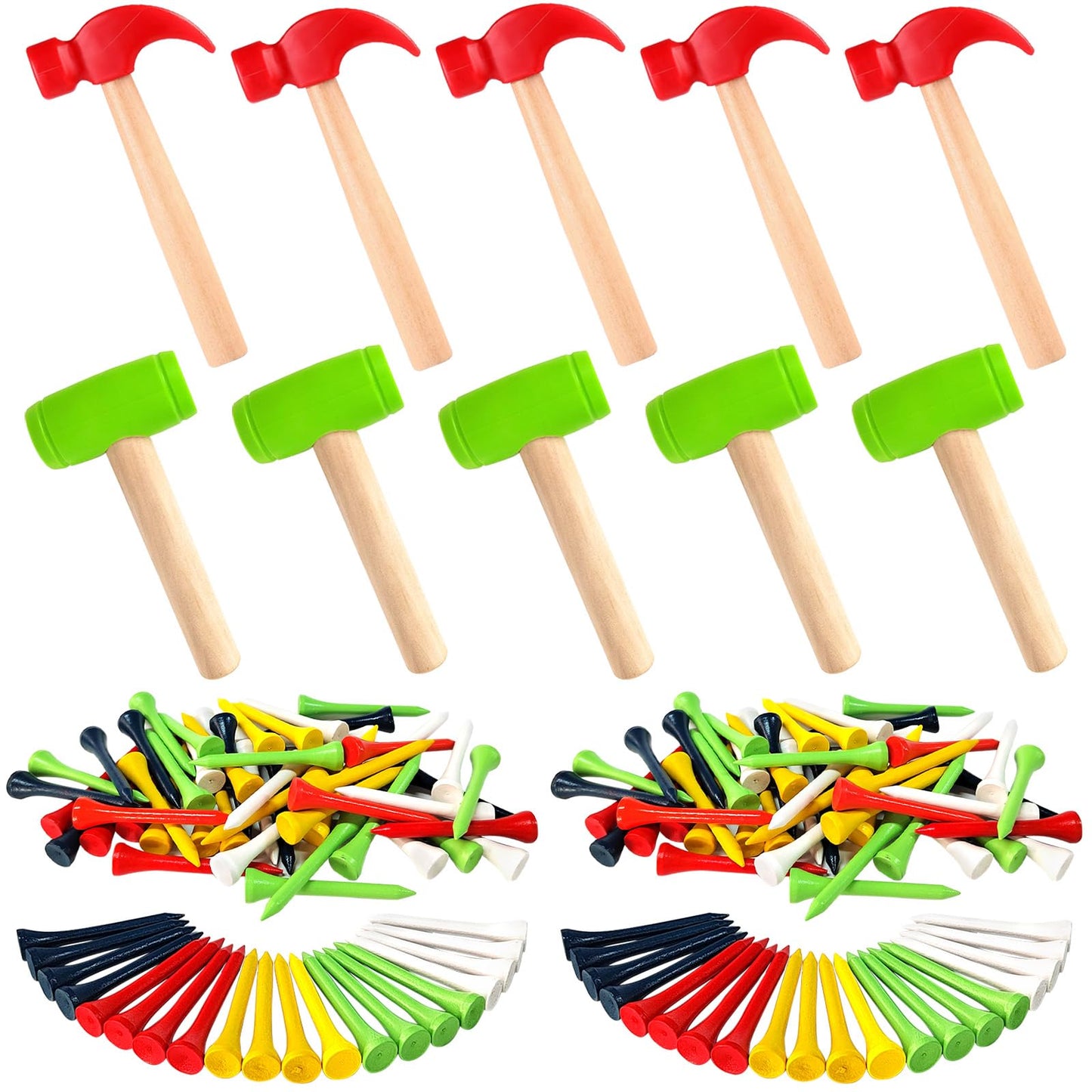 AIHSUMC Kids Wooden Hammer Toy Set – 10 Hammers + 100 Colorful Bamboo Tees | Educational & Safe Play