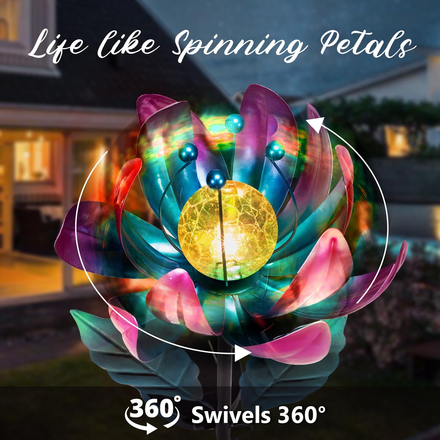 AIINY Solar Purple Metal Flower Wind Spinner – Colorful LED Lotus Garden Decor