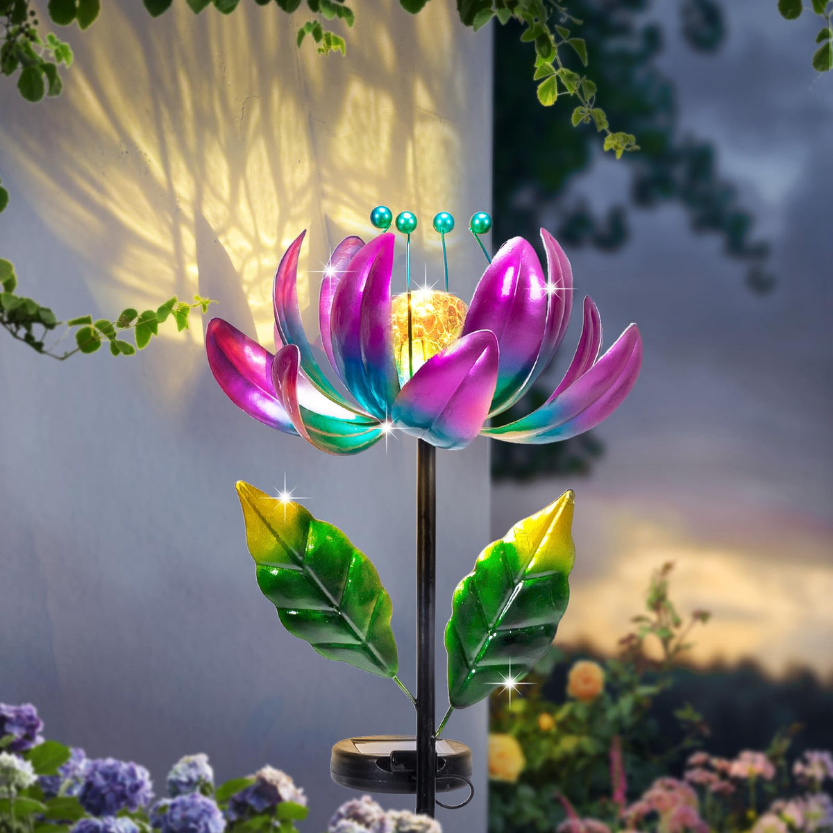 AIINY Solar Purple Metal Flower Wind Spinner – Colorful LED Lotus Garden Decor