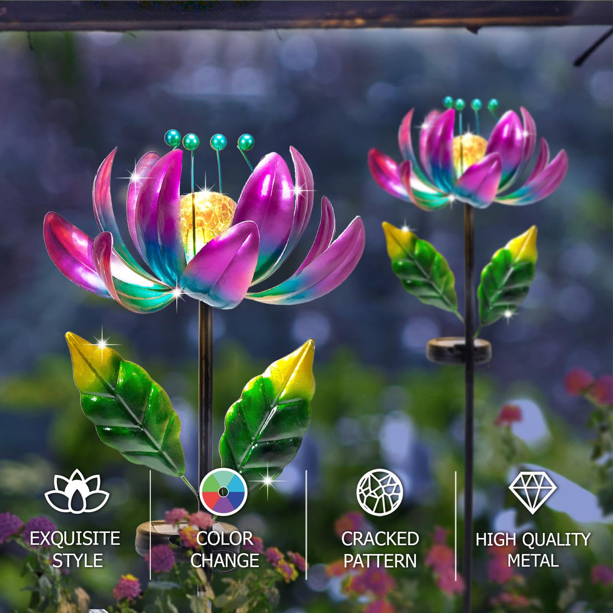 AIINY Solar Purple Metal Flower Wind Spinner – Colorful LED Lotus Garden Decor