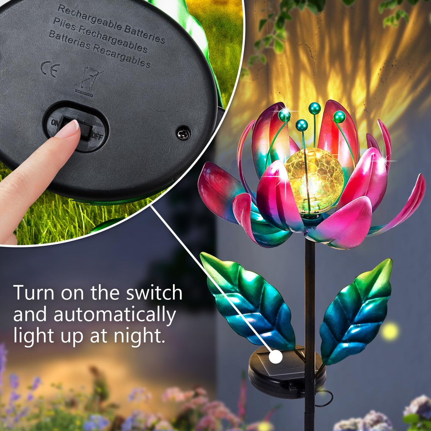AIINY Solar Purple Metal Flower Wind Spinner – Colorful LED Lotus Garden Decor