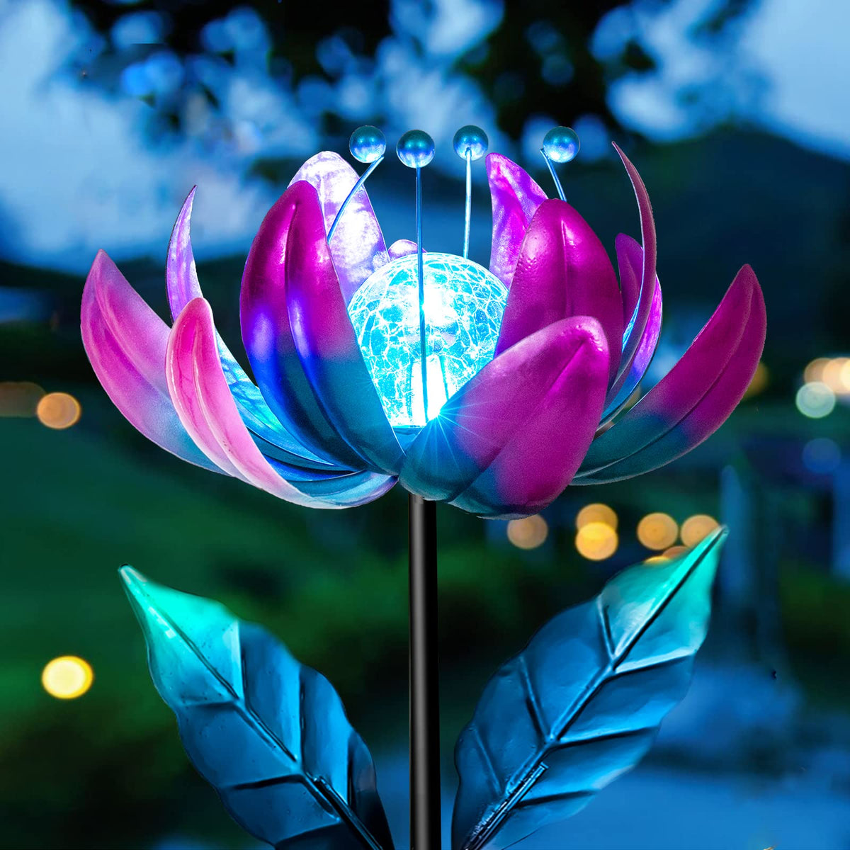 AIINY Solar Purple Metal Flower Wind Spinner – Colorful LED Lotus Garden Decor