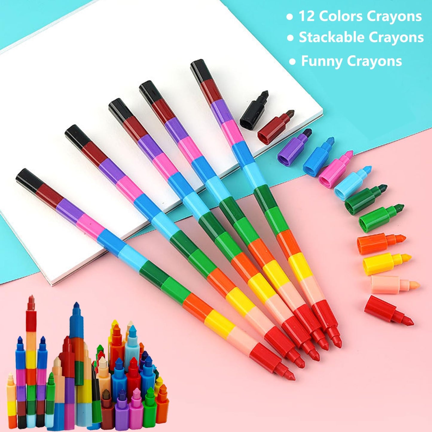 ailixinda 12-Piece Stacking Crayons – Buildable Rainbow Colors for Kids