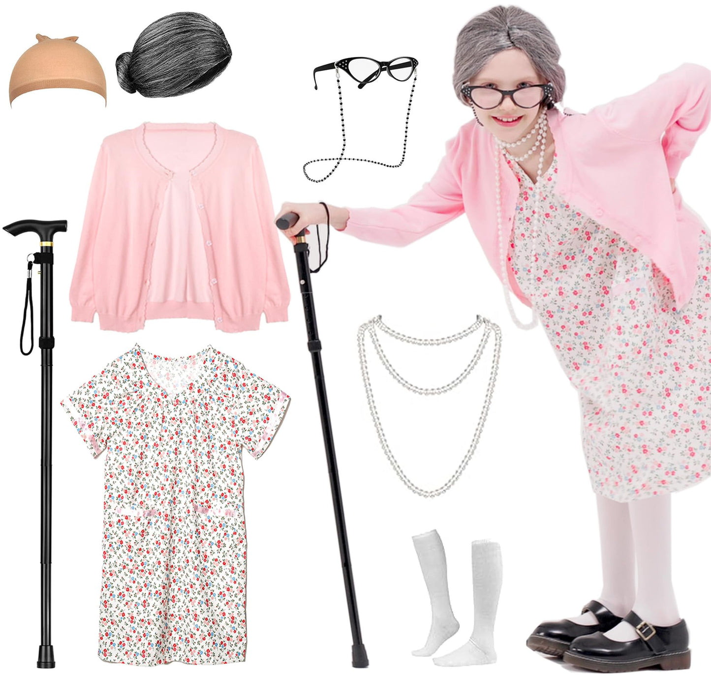 Aimeiar 100 Days of School Old Lady Costume Kit for Girls | 100th Day Dress-Up Outfit