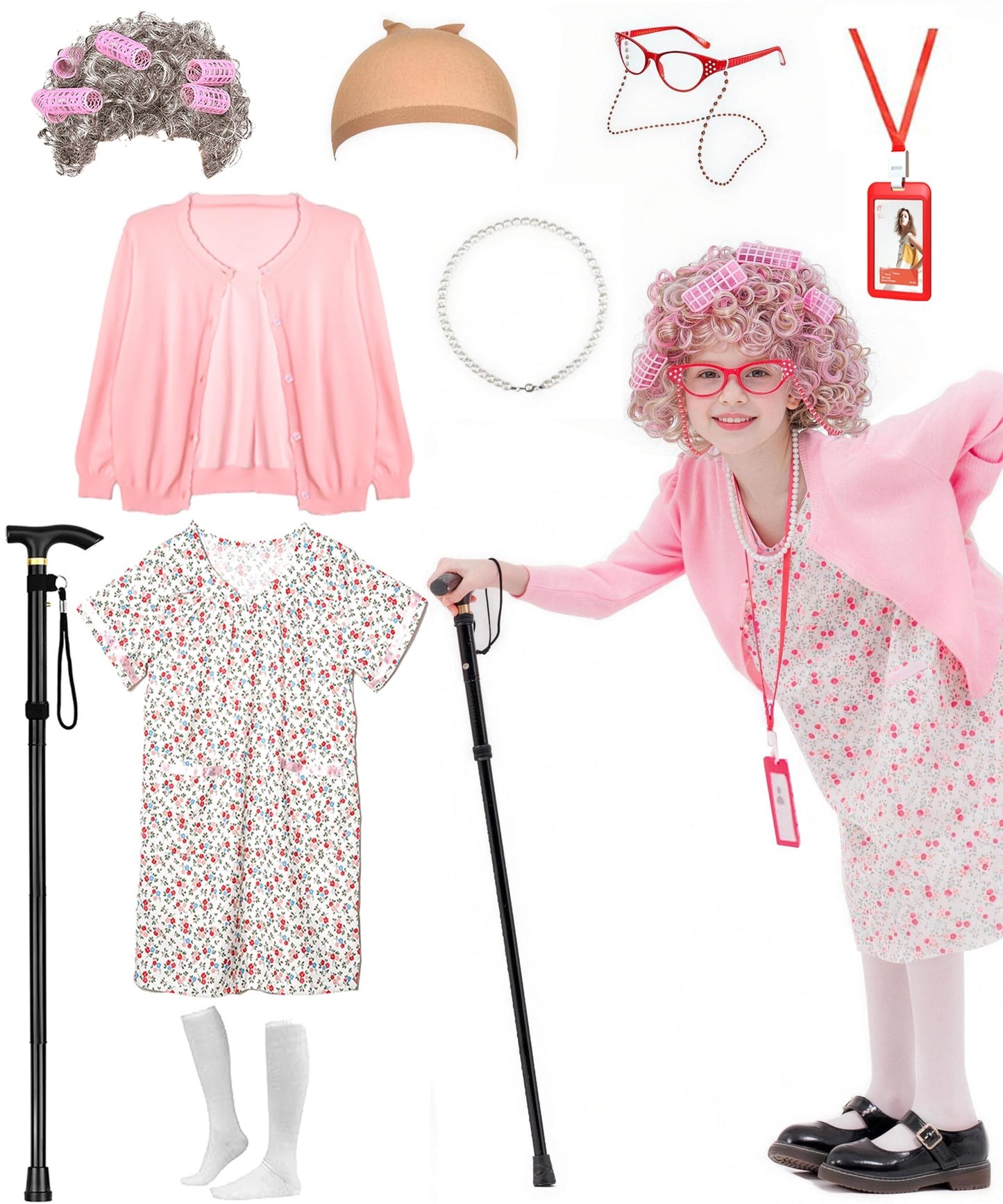 Aimeiar 100 Days of School Old Lady Costume Set for Girls – 11-Piece Kit