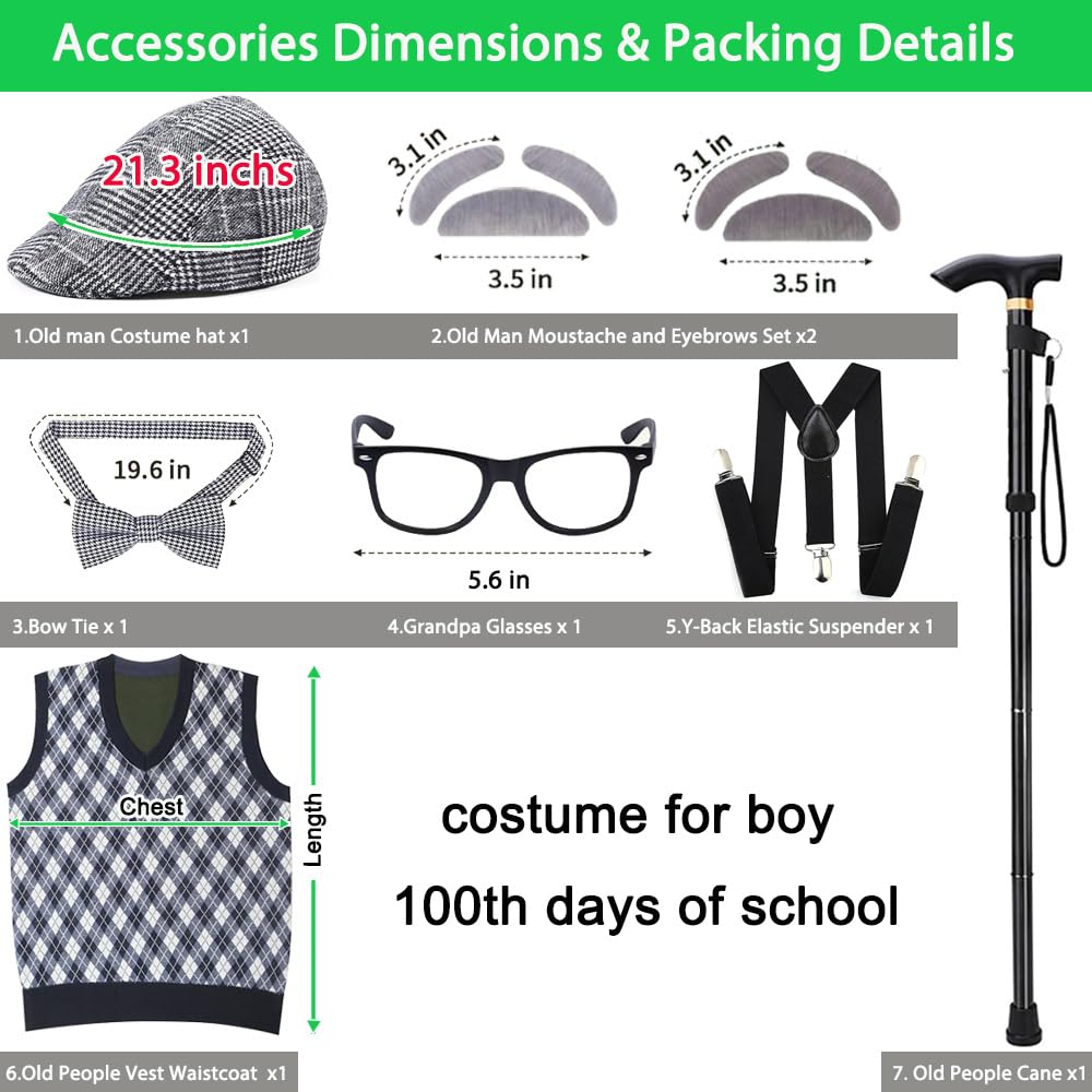 Aimeiar Kids Old Man Costume Kit for 100th Day of School – Grandpa Vest Set for Boys