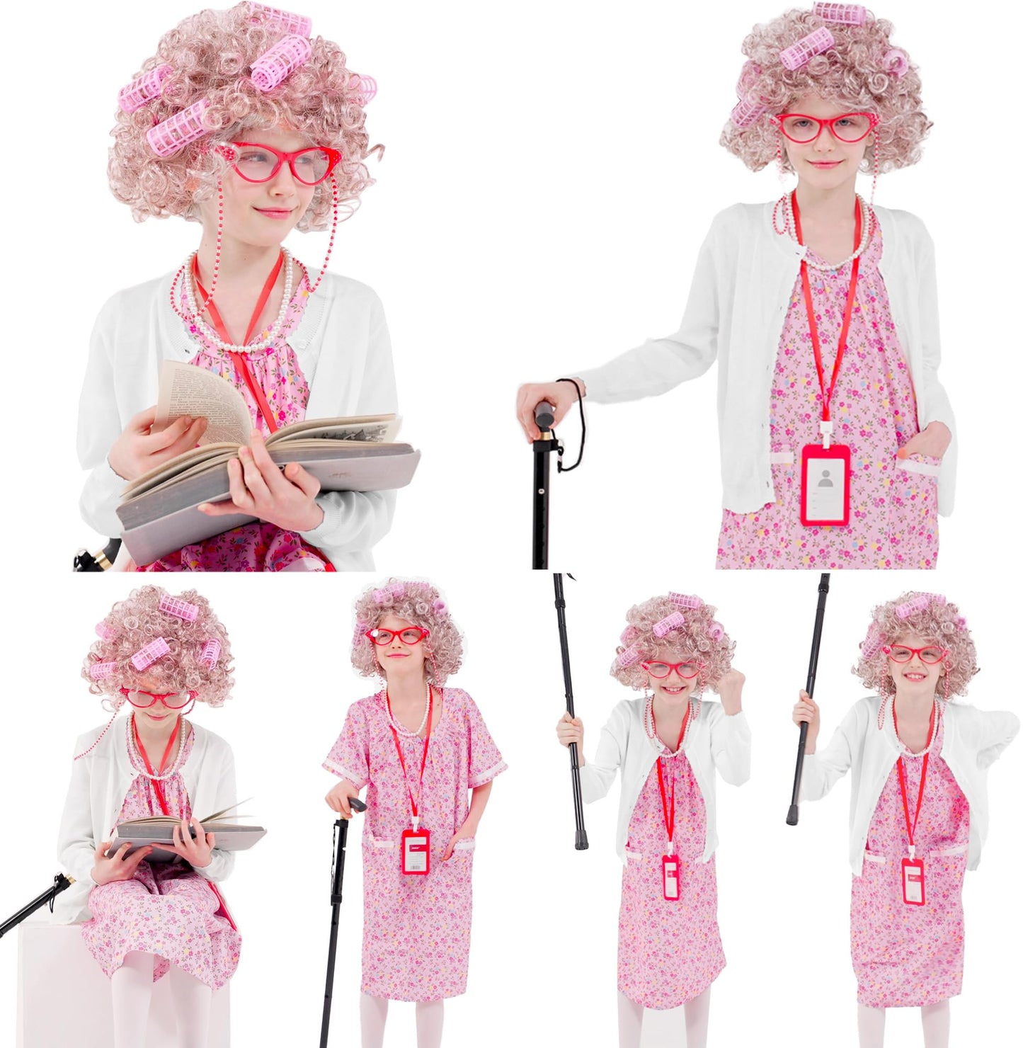 Aimeiar Kids 100 Days of School Costume for Girls – Granny Grandma Wig & Cardigan Set for Halloween