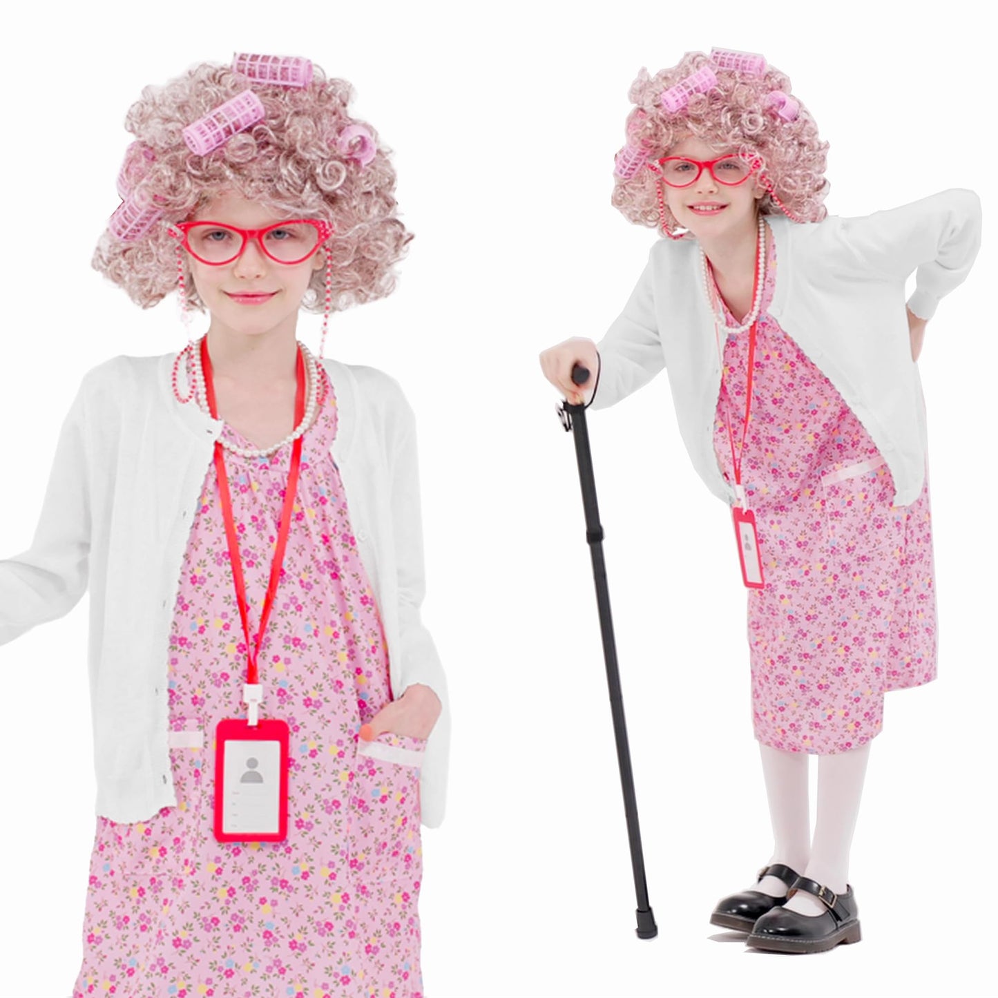 Aimeiar Kids 100 Days of School Costume – Granny Grandma Wig, Dress & Accessory Set