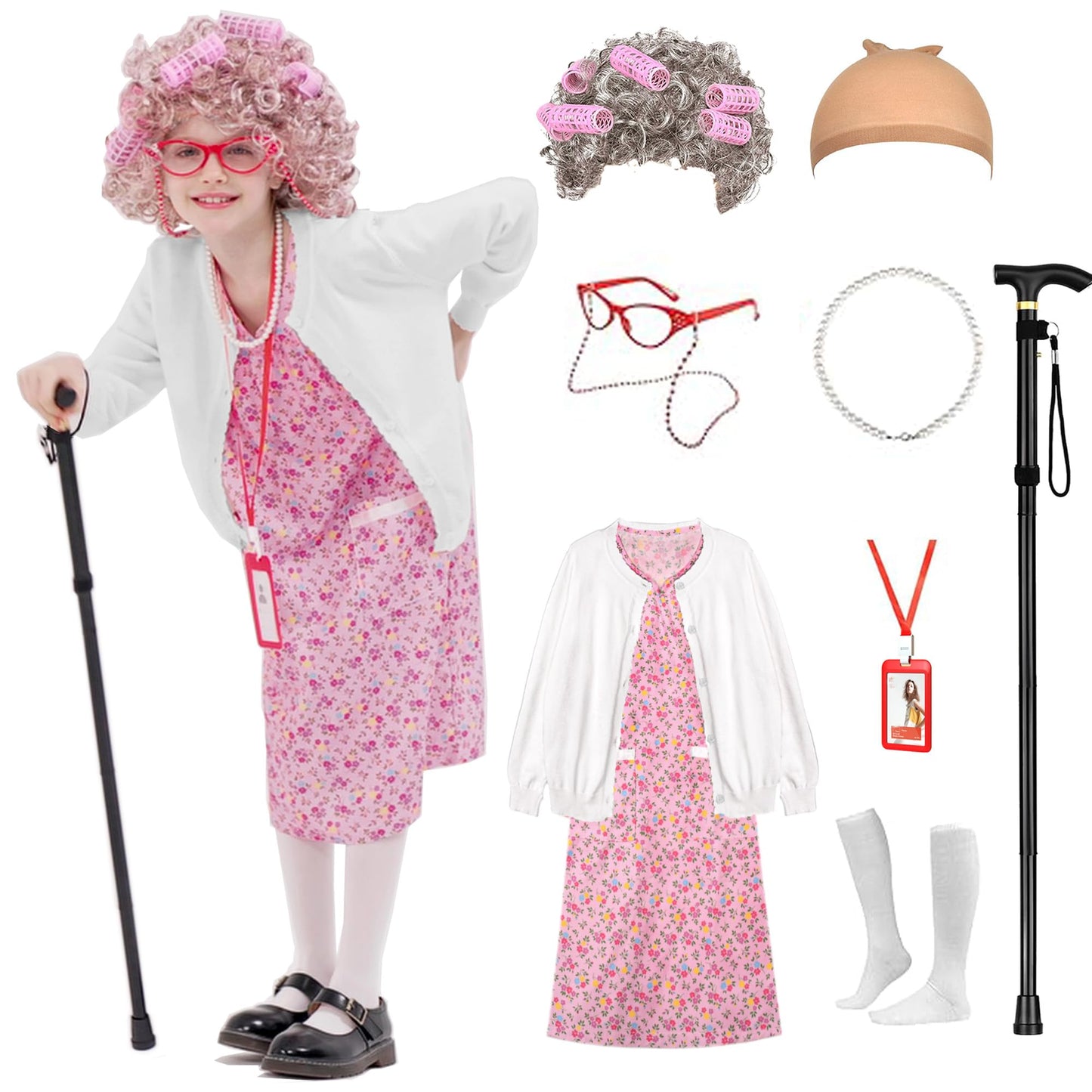 Aimeiar Kids 100 Days of School Costume for Girls – Granny Grandma Wig & Cardigan Set for Halloween