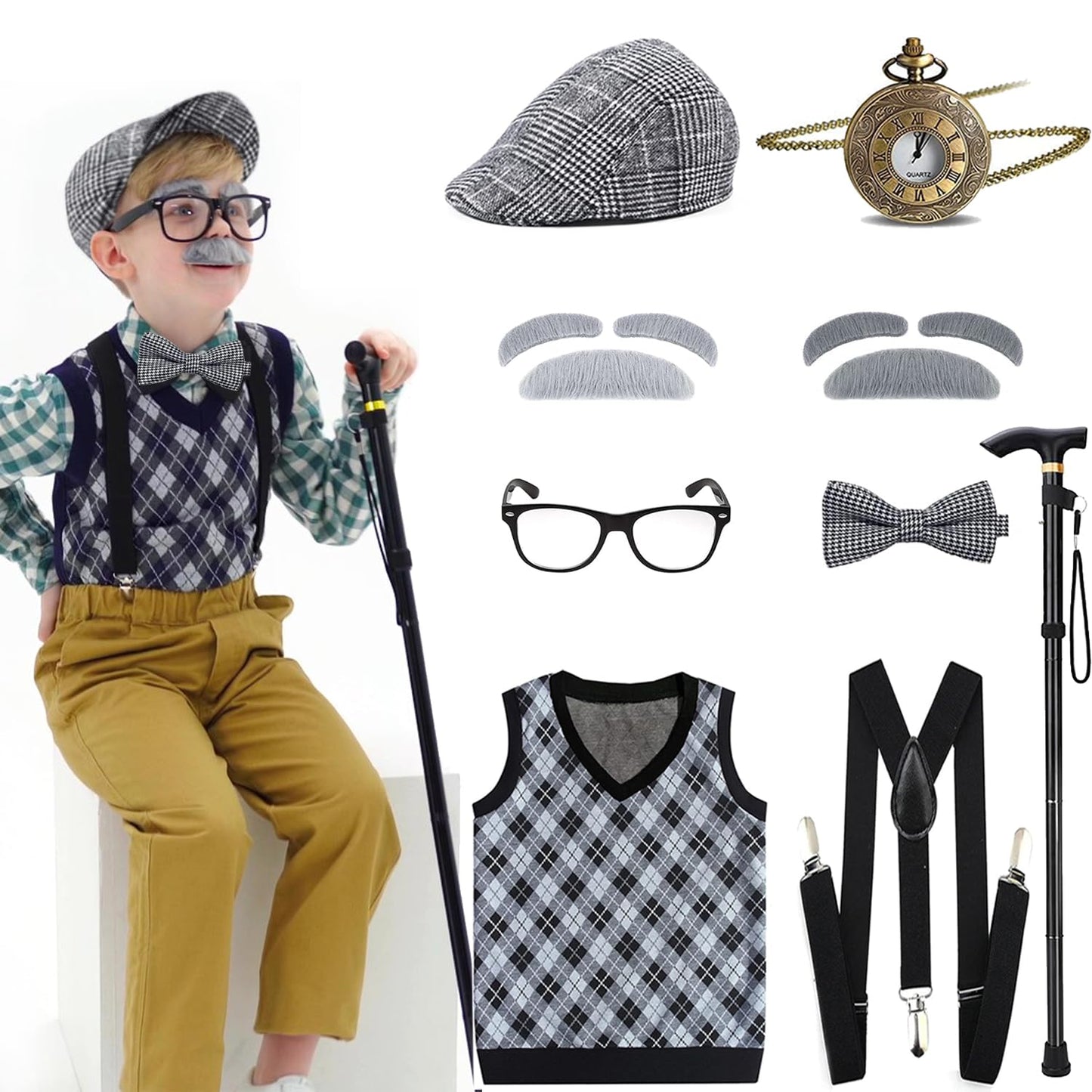 Aimeiar Kids Old Man Costume Set for 100th Day of School – Vest & Accessories